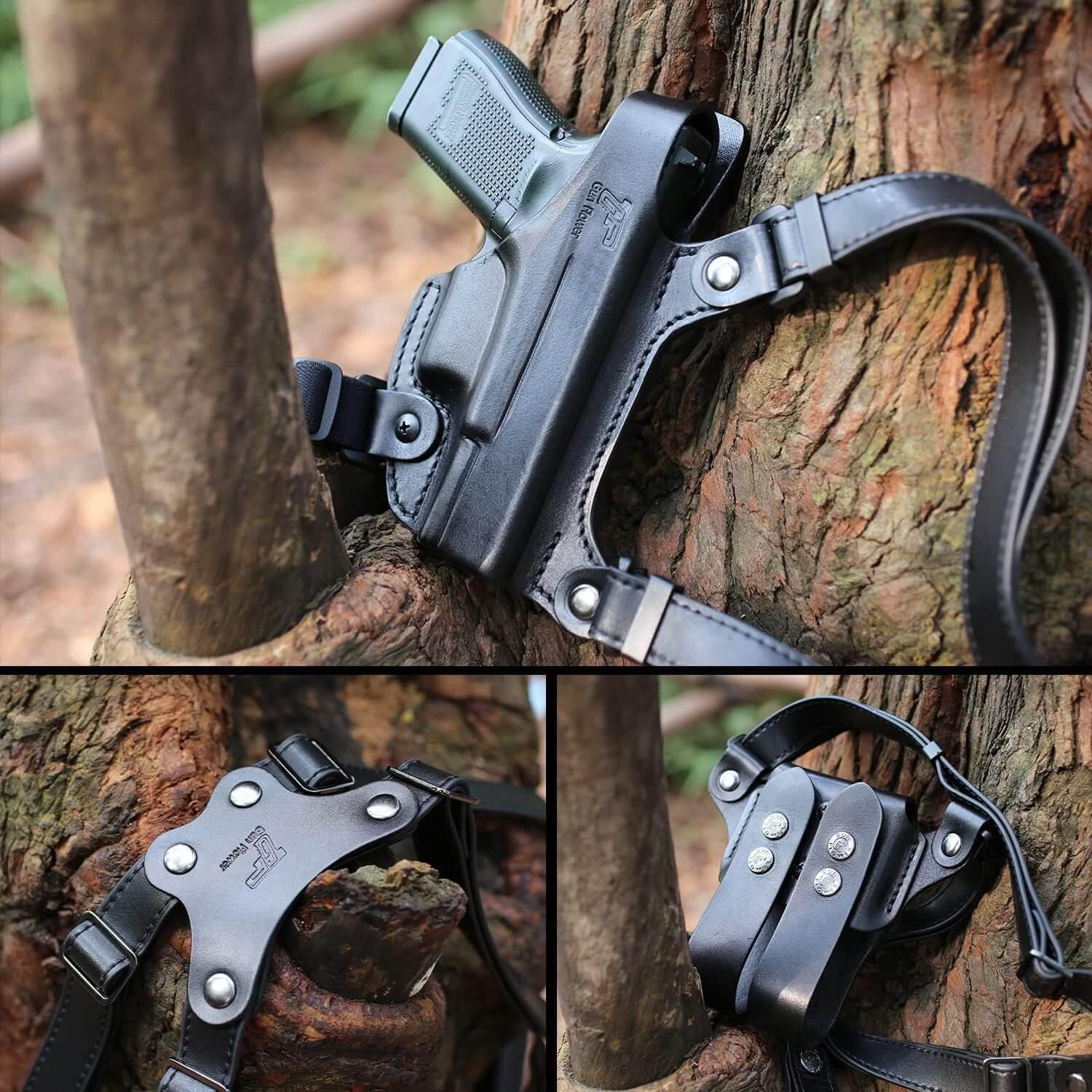 Handmade Glock 19 Shoulder Holster, Thumb Break Full Grain Leather Shoulder Holster for Glock 19, 19x, 23, 32, 45, Double Mag Holder Included, Adjustable Strap for Concealed Carry, Right Handed Gun & Flower