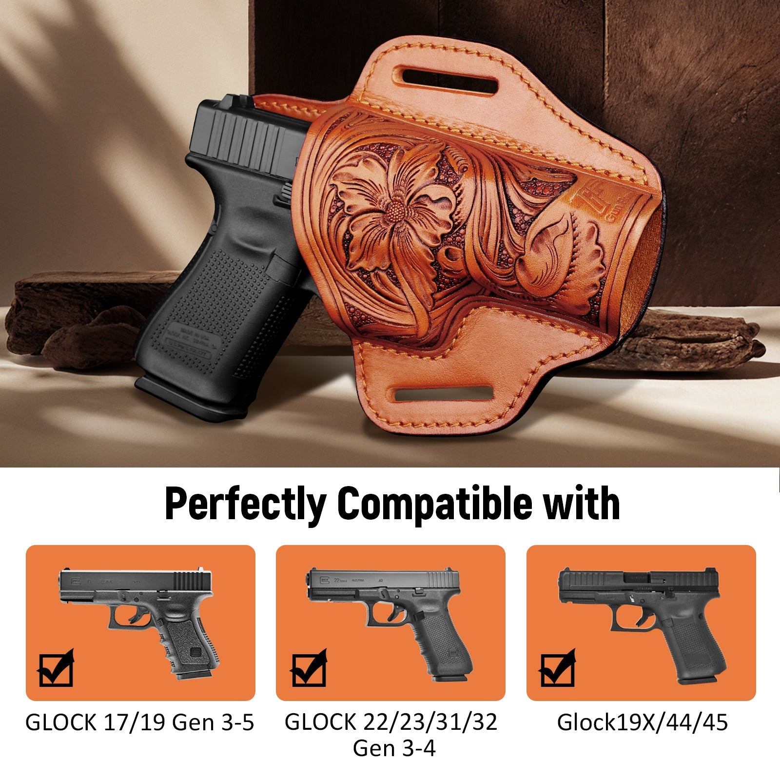 GUN & FLOWER Hand-Carved Full-Grain Leather Luxury OWB Holster for Glock 17/19 Gen 3-5, 22/23/31/32 Gen 3-4, Glock 19x/44/45 – Exclusive Dual-Sided Smooth Protection, Floral Design, Fits 1.5" Belts polymerholster