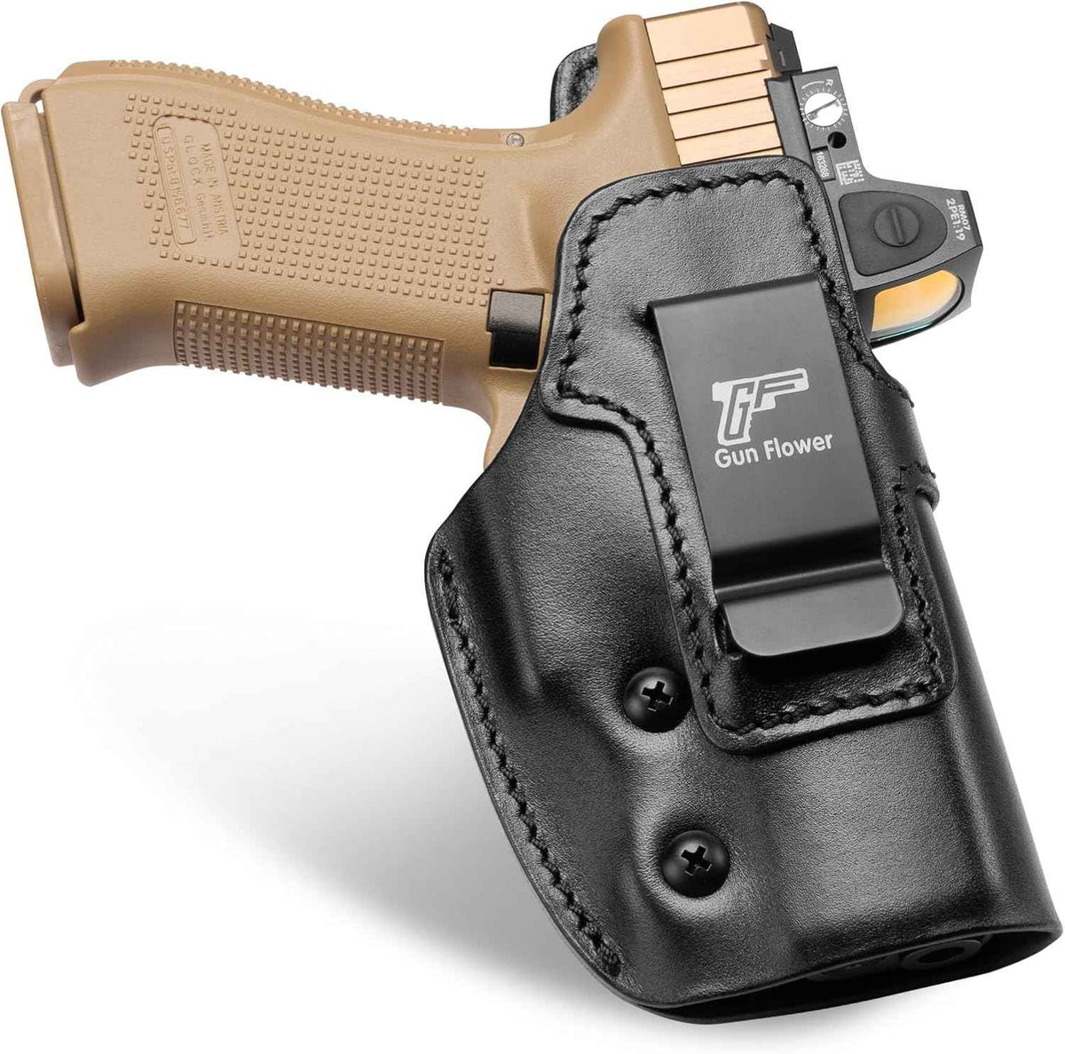 Gunflower Glock 19/19X/23/32/44/45 Gen1-5 & MOS IWB Leather Holster - Optic Cut Custom Fit (Also PSA Dagger Compact & Ruger RXM), Premium Leather Concealed Carry, Fits 1.5"-1.75" Belt, Black Right Hand
