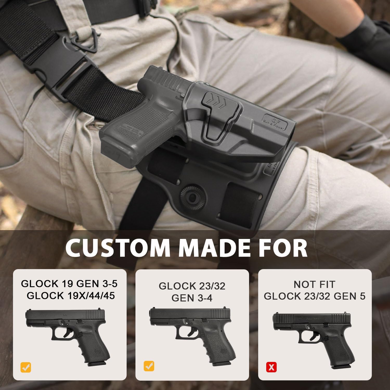 Gun & Flower Level II Tactical Drop Leg Holster,Thigh Holster Fit G19 GEN 3-5 G19X/44/45, Adjustable,Level II Retention Index Finger Release,Toolless Adjustment, Right Hand GUN & FLOWER