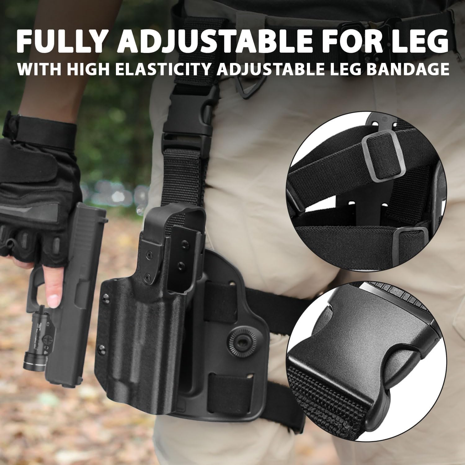 GUN & FLOWER Drop Leg Platform for Glock 17/19 (Gen3-5), Glock 22/23/31/32 (Gen3-4), Glock 19X/44/45 w/TLR-1 - Level 2 Holster + Mag Holes - Adjustable (No Mag Pouches)