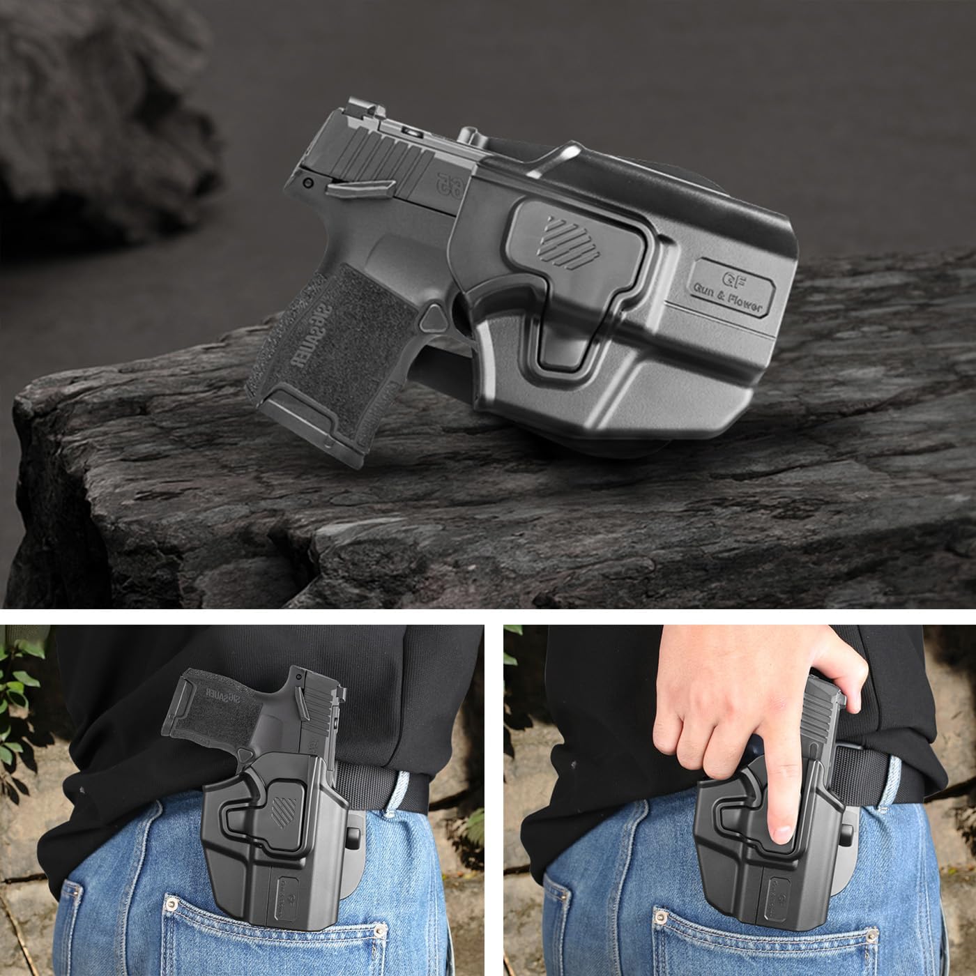 Universal OWB Holster, Compact Size Universal Holster for G3C /P365 Xmacro/M&P Shield Plus/G43 G43X MOS/Hellcat Pro/XDS/9mm/380 Shield EZ,Index Finger Release System,Adj Cant/Retention,Right Hand GUN & FLOWER