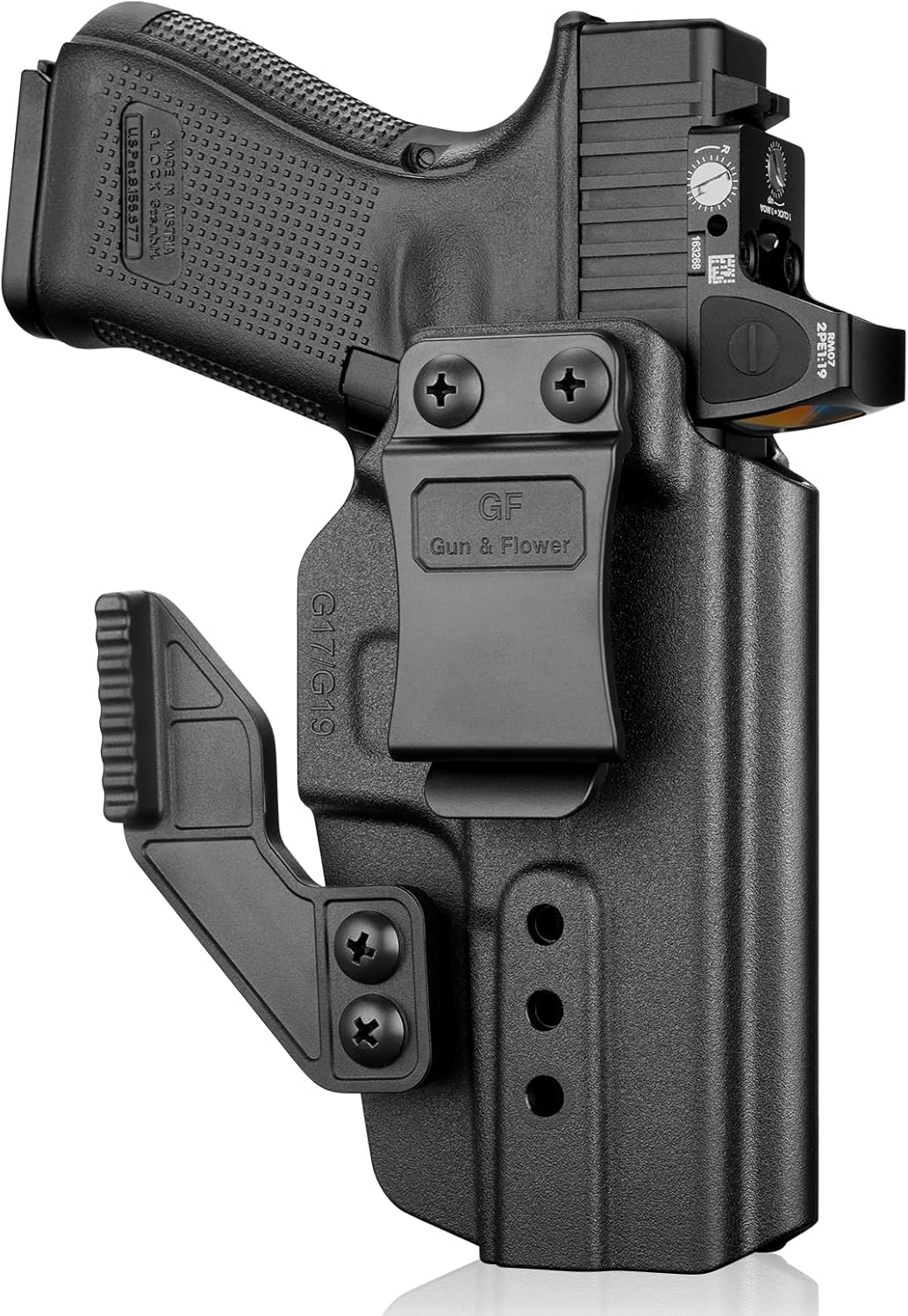 Glock 17/19 IWB Holster with Claw - Optic Cut, Adjustable Ride Height & Retention, Fits G19X/34/44/45 (Gen 1-5), G32 (Gen 3-4) & MOS Models, Right Hand GUN & FLOWER