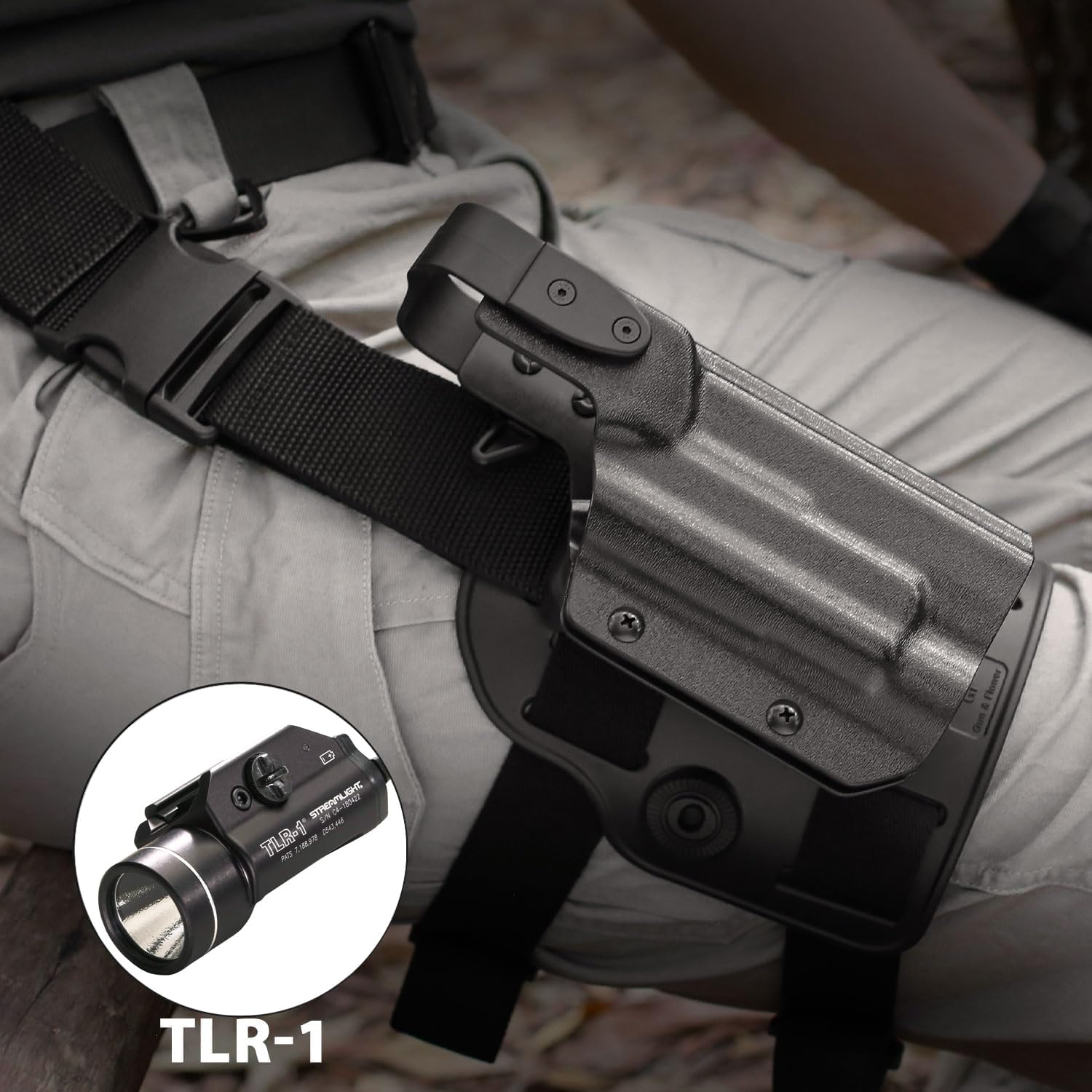 GUN & FLOWER Drop Leg Platform for Glock 17/19 (Gen3-5), Glock 22/23/31/32 (Gen3-4), Glock 19X/44/45 w/TLR-1 - Level 2 Holster + Mag Holes - Adjustable (No Mag Pouches)