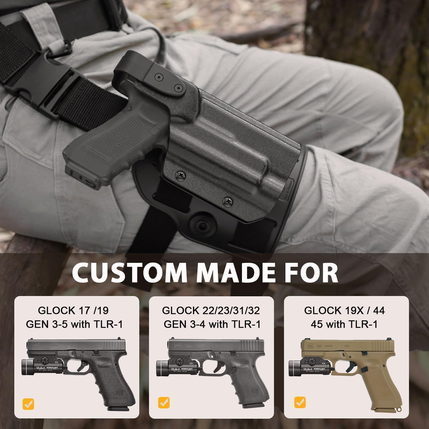 GUN & FLOWER Drop Leg Platform for Glock 17/19 (Gen3-5), Glock 22/23/31/32 (Gen3-4), Glock 19X/44/45 w/TLR-1 - Level 2 Holster + Mag Holes - Adjustable (No Mag Pouches)