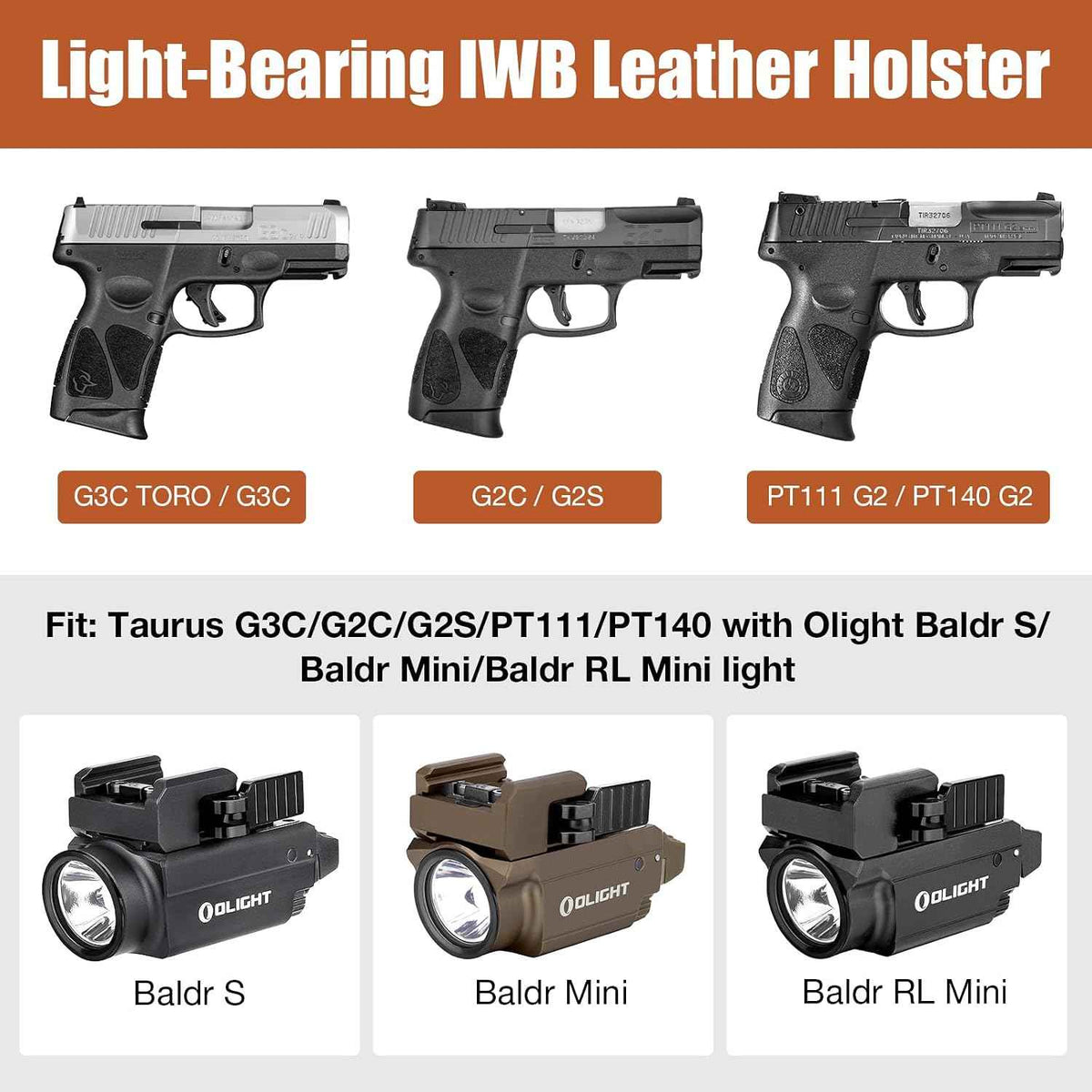 Taurus G3C / G2C IWB Brown Leather Holster w/Olight Baldr S / Baldr Mini / RL Mini - Light-Bearing Concealed Carry, Optic Cut, Fits PT111/PT140, 1.5"-1.75" Belts, Right Hand