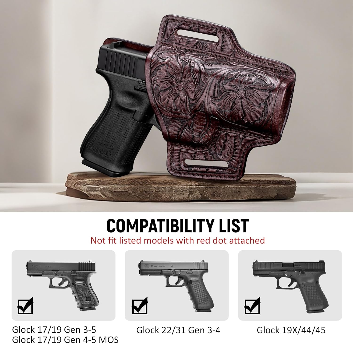 Premium Leather Holster for Women & Men, OWB Western Hand-Carved Holster - Compatible with Glock 17/19 Gen3-5 & 17/19 Gen4-5 MOS, 22/31(Gen3-4), 19X/ 44/45 - Fits 1.5" Belts, Right Hand GUN & FLOWER