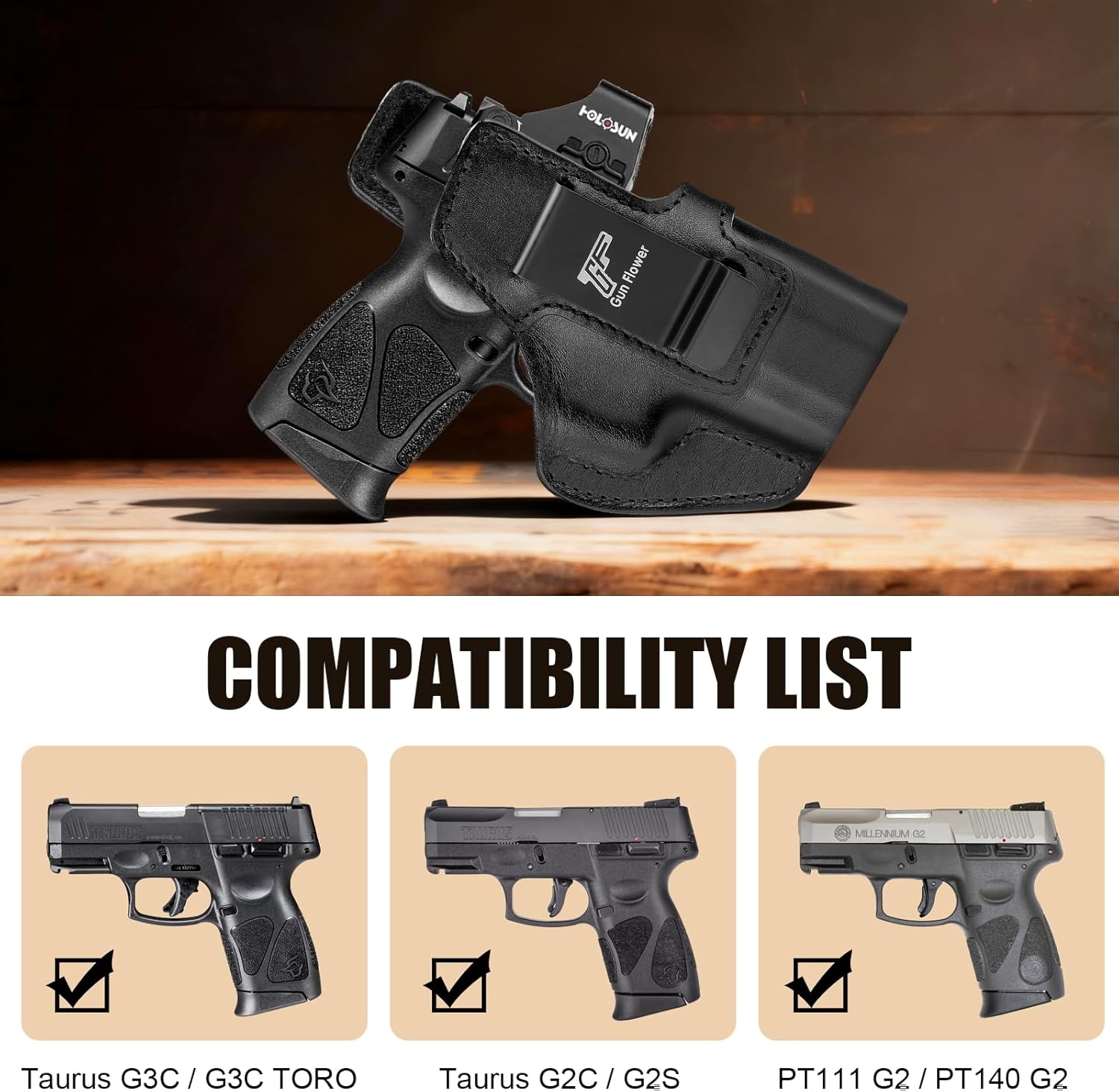 GUN & FLOWER Taurus G3C/G2C IWB Leather Holster - Premium Leather, Optic Cut & Appendix Concealed Carry, Fits 1.5"-1.75" Belts, Right Hand for G3C Toro/TX22 Compact/PT111/PT140 G2 GUN & FLOWER