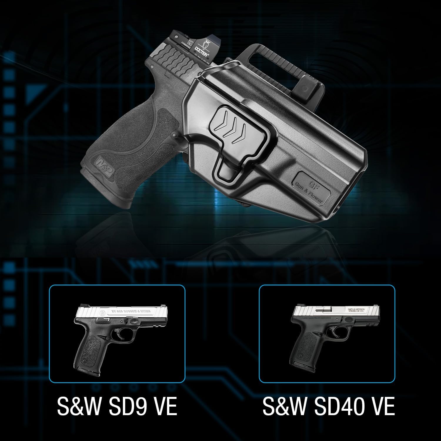 SD9VE & SD40VE Holster, Outside Waistband Holster for S&W SD9 VE & SD40 VE Pistol, Level II Retention, Index Finger Released, Angle adj, Quick Mounting/Dismounting, Right Hand, Fit 1.5-2.0''Belt GUN & FLOWER