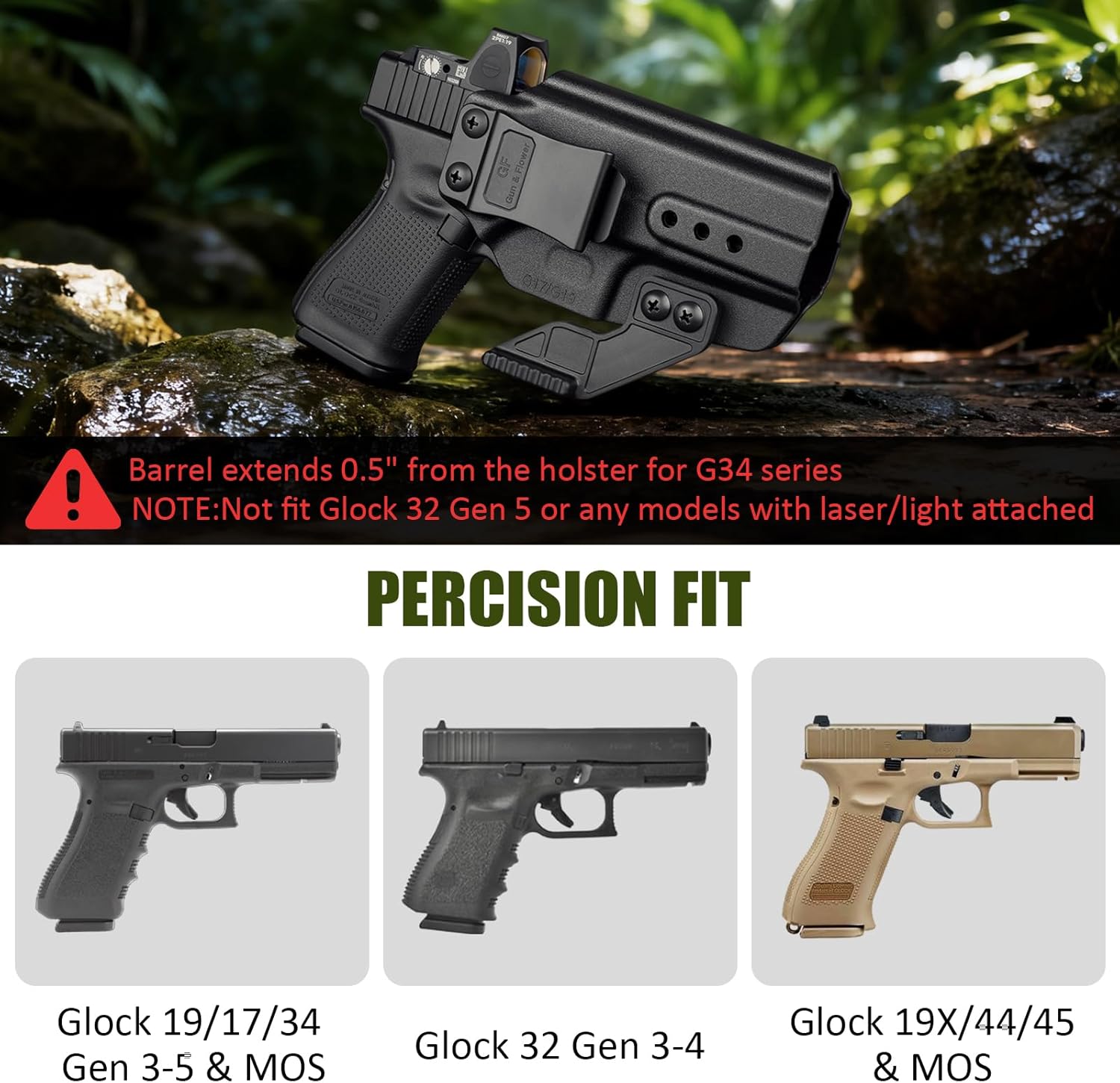 Glock 17/19 IWB Holster with Claw - Optic Cut, Adjustable Ride Height & Retention, Fits G19X/34/44/45 (Gen 1-5), G32 (Gen 3-4) & MOS Models, Right Hand GUN & FLOWER