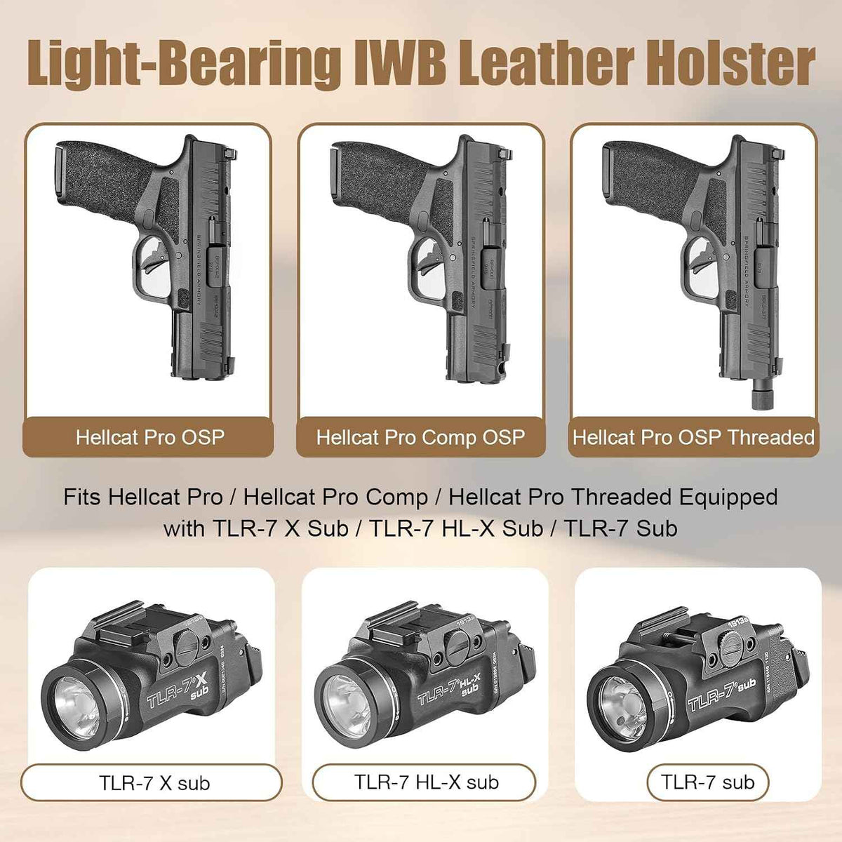 Hellcat Pro IWB Leather Holster w/TLR-7 X Sub, TLR-7 Sub & TLR-7 HL-X Sub - Optic Cut Light-Bearing Concealed Carry, Fits Hellcat Pro OSP / Comp / Threaded, 1.5"-1.75" Belts