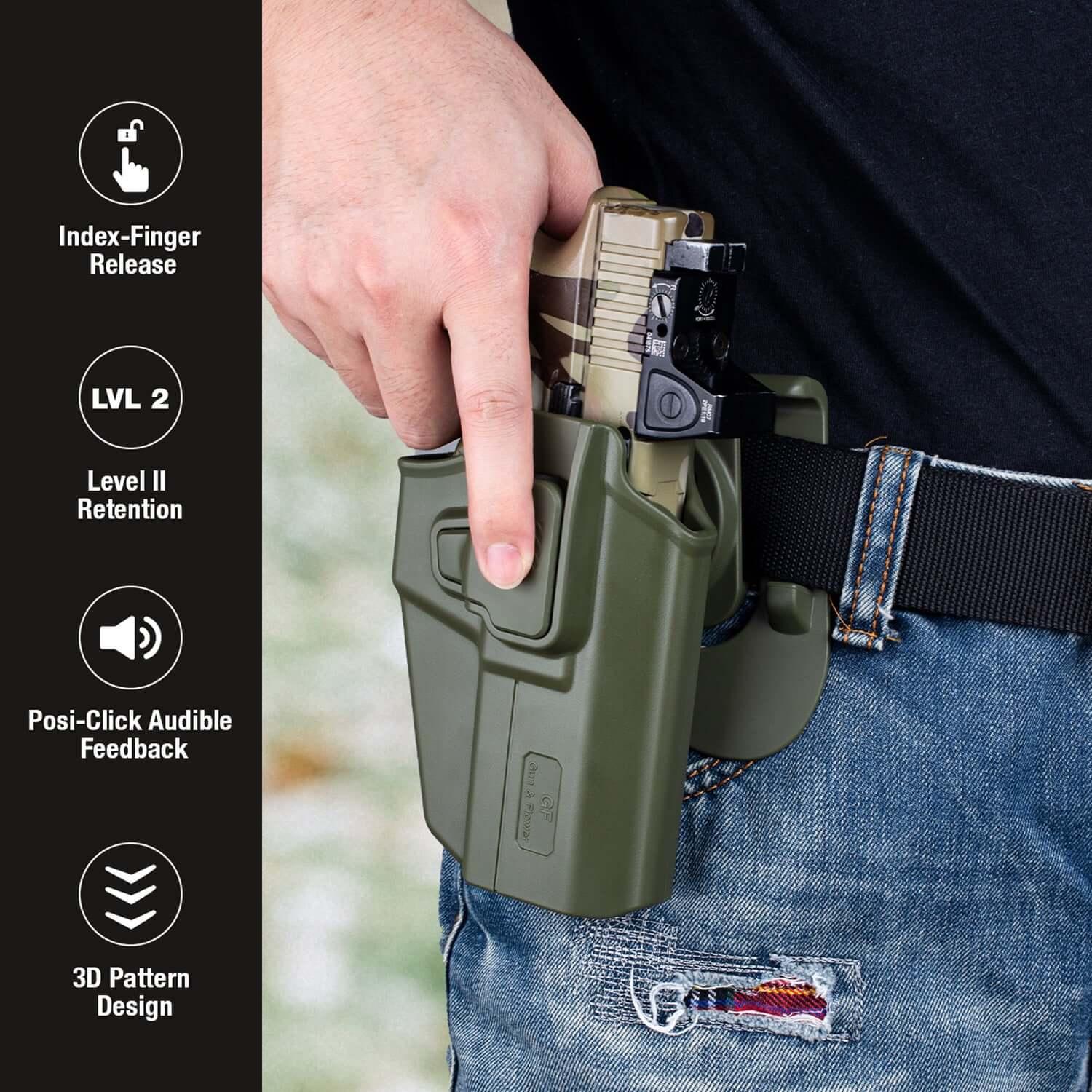 Universal OWB Green Holster Fits More Than 100 Pistols, Index Finger Release System, Adj Retention, Right Hand Gun & Flower