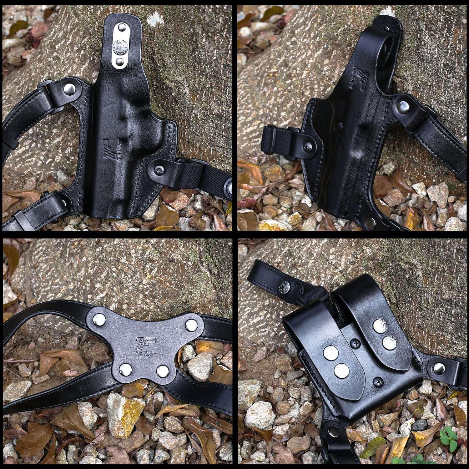 Handmade 1911 Shoulder Holster, Fit Most Non-Rail 5'' 4.25'' 4'' 1911/ Colt 1911/Elite Force 1911/ Kimber 1911, Double Mag Holder Included, Adjustable Strap for Concealed Carry, Right Handed| Gun & Flower