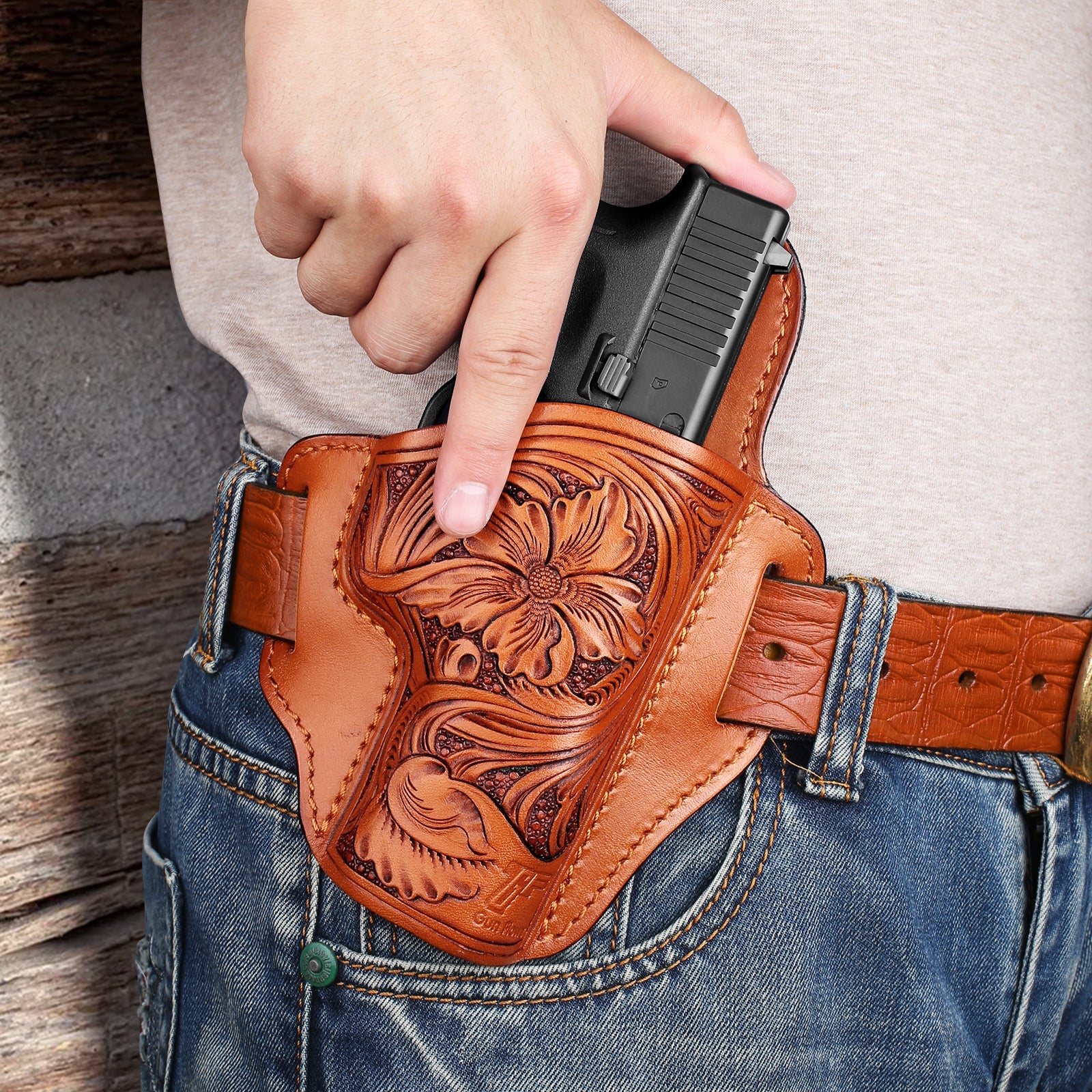 GUN & FLOWER Hand-Carved Full-Grain Leather Luxury OWB Holster for Glock 17/19 Gen 3-5, 22/23/31/32 Gen 3-4, Glock 19x/44/45 – Exclusive Dual-Sided Smooth Protection, Floral Design, Fits 1.5" Belts polymerholster