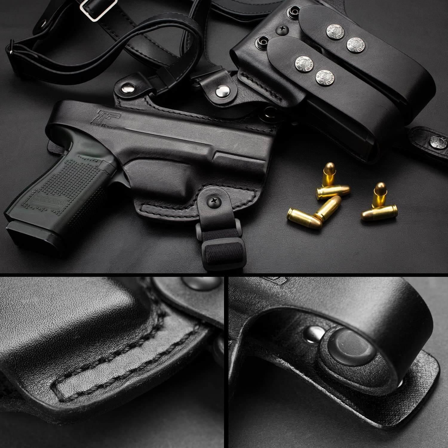 Handmade Glock 19 Shoulder Holster, Thumb Break Full Grain Leather Shoulder Holster for Glock 19, 19x, 23, 32, 45, Double Mag Holder Included, Adjustable Strap for Concealed Carry, Right Handed Gun & Flower