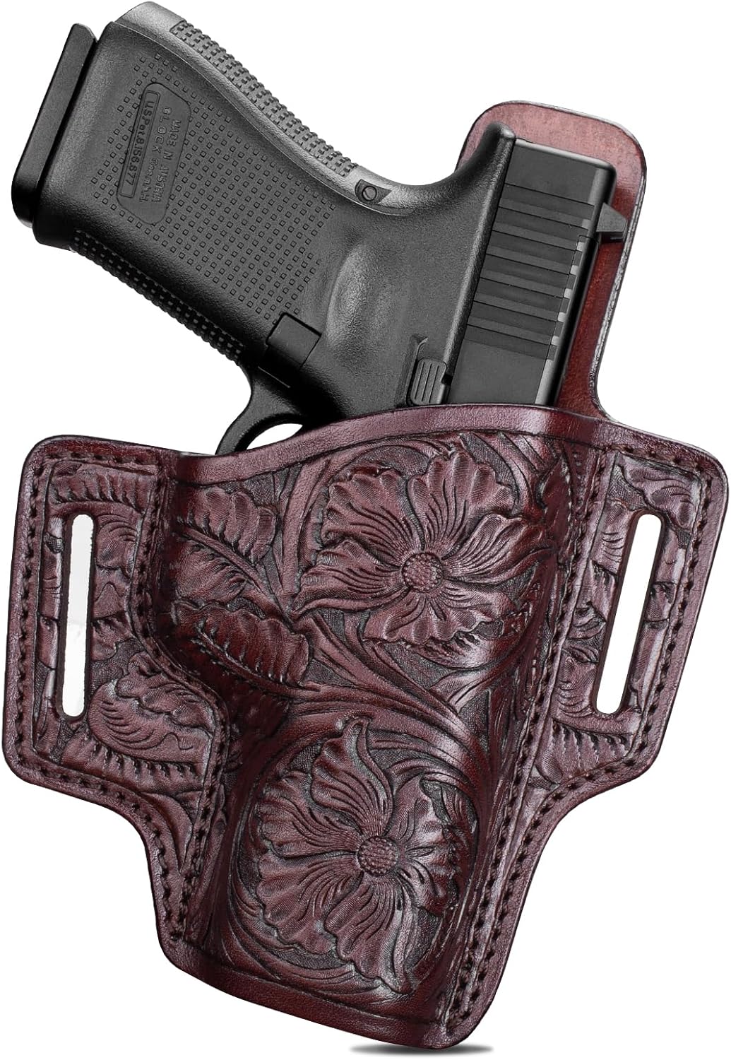 Premium Leather Holster for Women & Men, OWB Western Hand-Carved Holster - Compatible with Glock 17/19 Gen3-5 & 17/19 Gen4-5 MOS, 22/31(Gen3-4), 19X/ 44/45 - Fits 1.5" Belts, Right Hand GUN & FLOWER