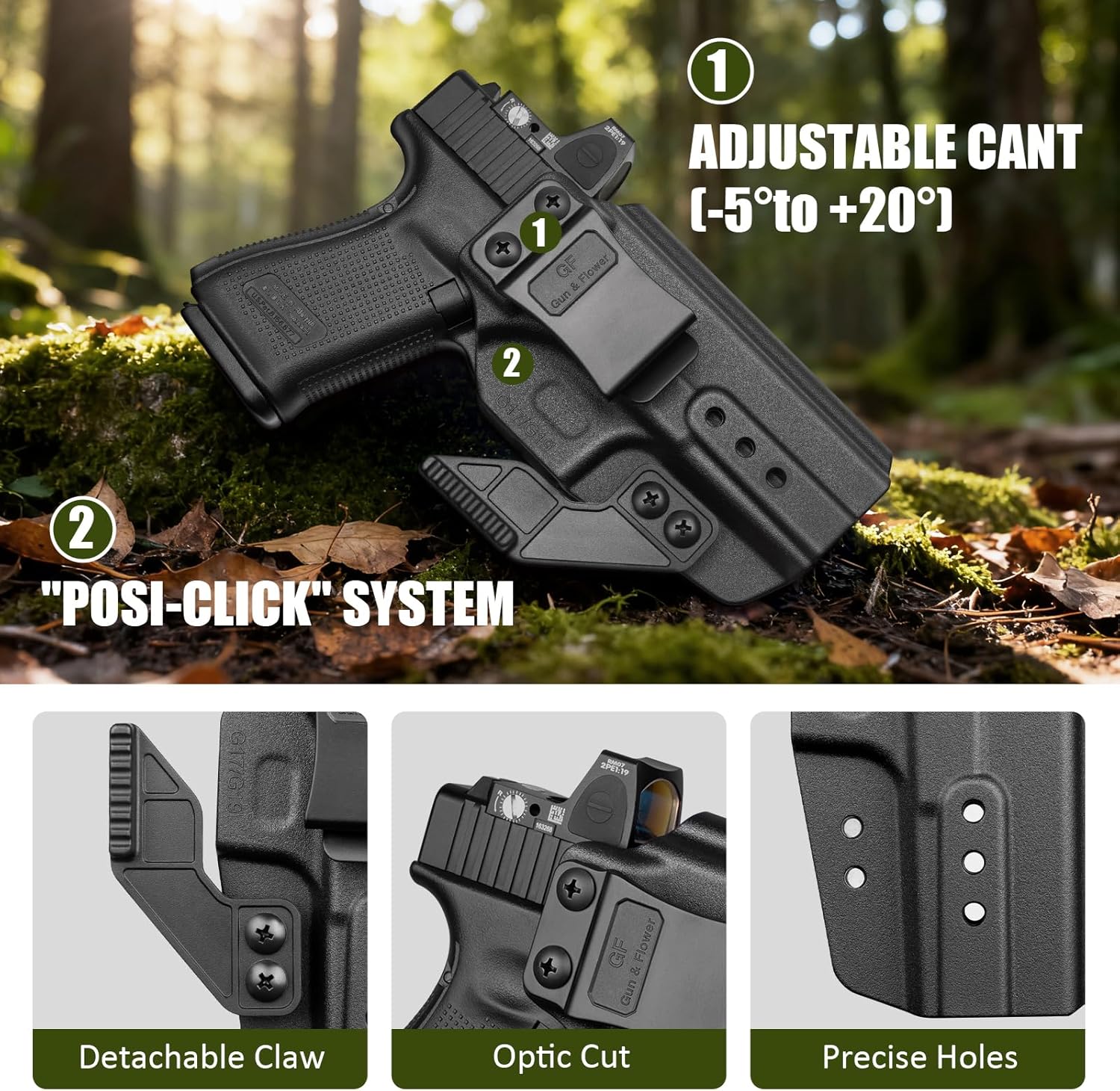 Glock 17/19 IWB Holster with Claw - Optic Cut, Adjustable Ride Height & Retention, Fits G19X/34/44/45 (Gen 1-5), G32 (Gen 3-4) & MOS Models, Right Hand GUN & FLOWER