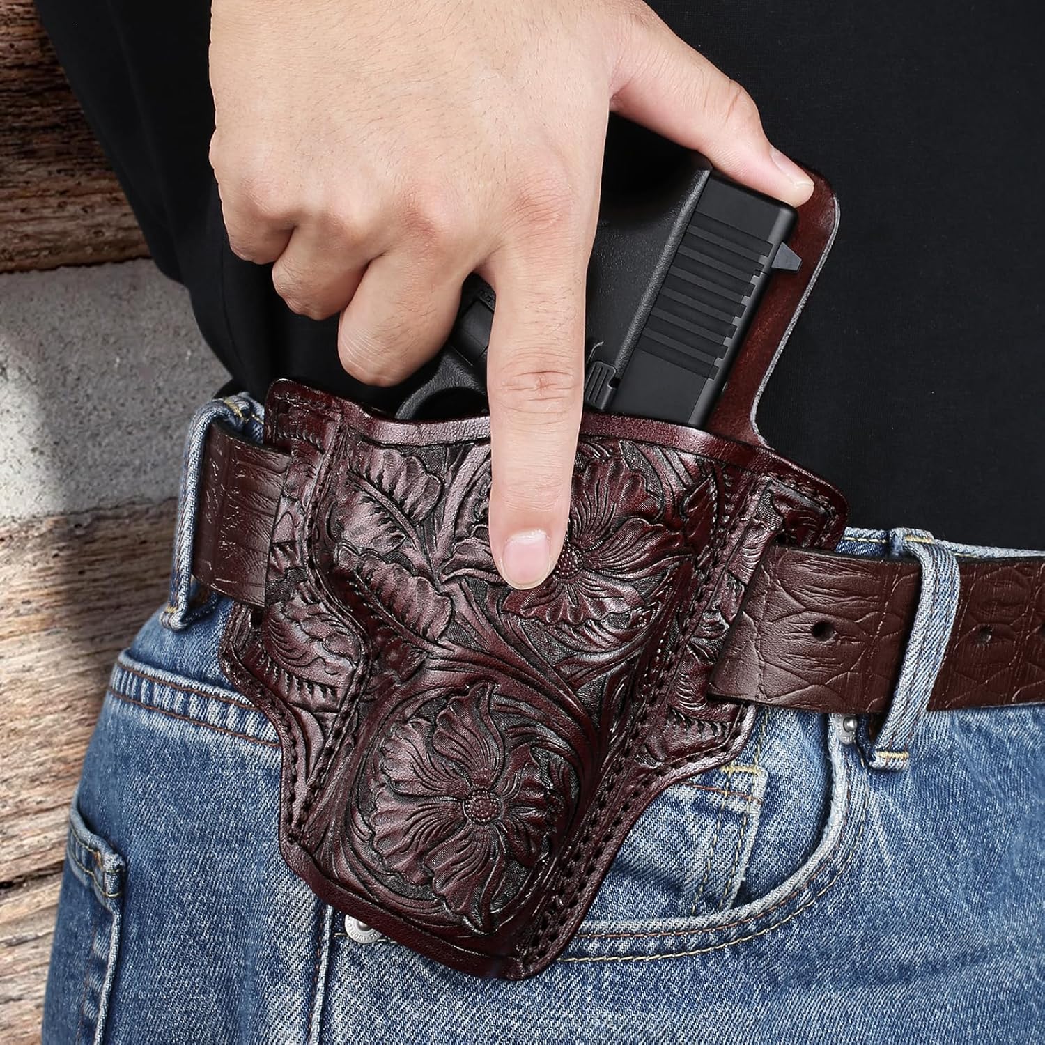 Premium Leather Holster for Women & Men, OWB Western Hand-Carved Holster - Compatible with Glock 17/19 Gen3-5 & 17/19 Gen4-5 MOS, 22/31(Gen3-4), 19X/ 44/45 - Fits 1.5" Belts, Right Hand GUN & FLOWER