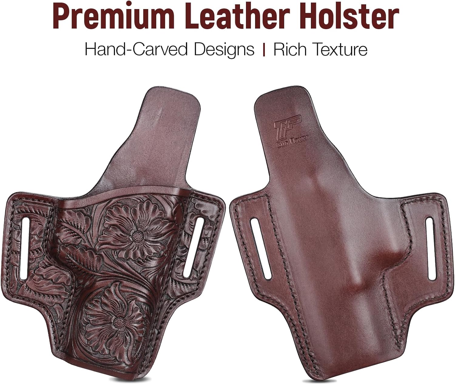 Premium Leather Holster for Women & Men, OWB Western Hand-Carved Holster - Compatible with Glock 17/19 Gen3-5 & 17/19 Gen4-5 MOS, 22/31(Gen3-4), 19X/ 44/45 - Fits 1.5" Belts, Right Hand GUN & FLOWER