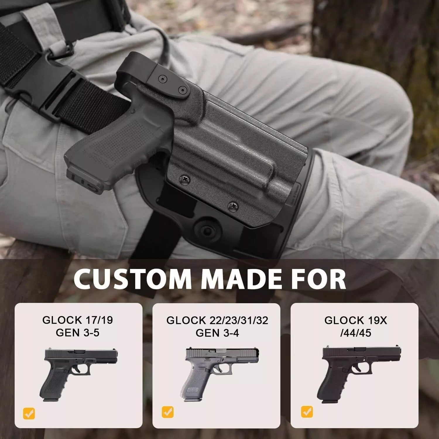 Level II Retention G17 Drop Leg Holster, Fit for Glock 17 Gen 3-5 Glock 22/31 Gen 3-4, Glock 44/45.Not Fit G22/G31 Gen 5, Polymer Thigh Holster Platform, Thumb Release Holster, Leg Holster for Pistols GUN & FLOWER