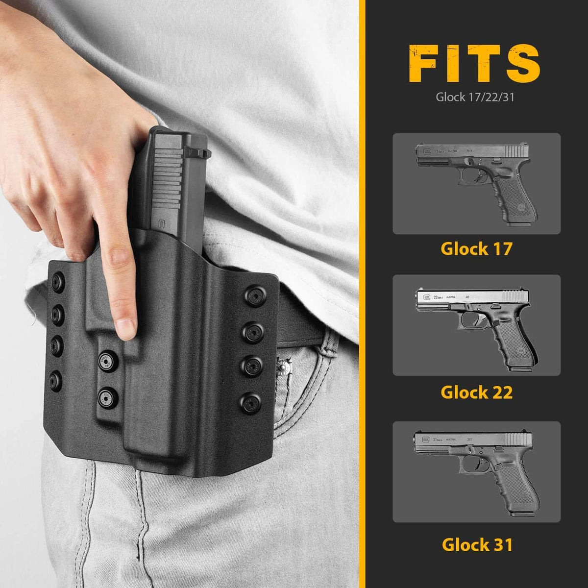 OWB Kydex Holster for Glock G17 Gen3-5  G17 Gen4 MOS  G17 Gen5 MOS  G19 Gen3-5  G19X  G19 Gen4 MOS  G19 Gen5 MOS  G23 Gen3-4  G22 Gen3-4 G31 Gen3-4 G32 Gen3-4  G44  G45  G45 MOS Adjustable Retention | Gun & Flower Gun & Flower
