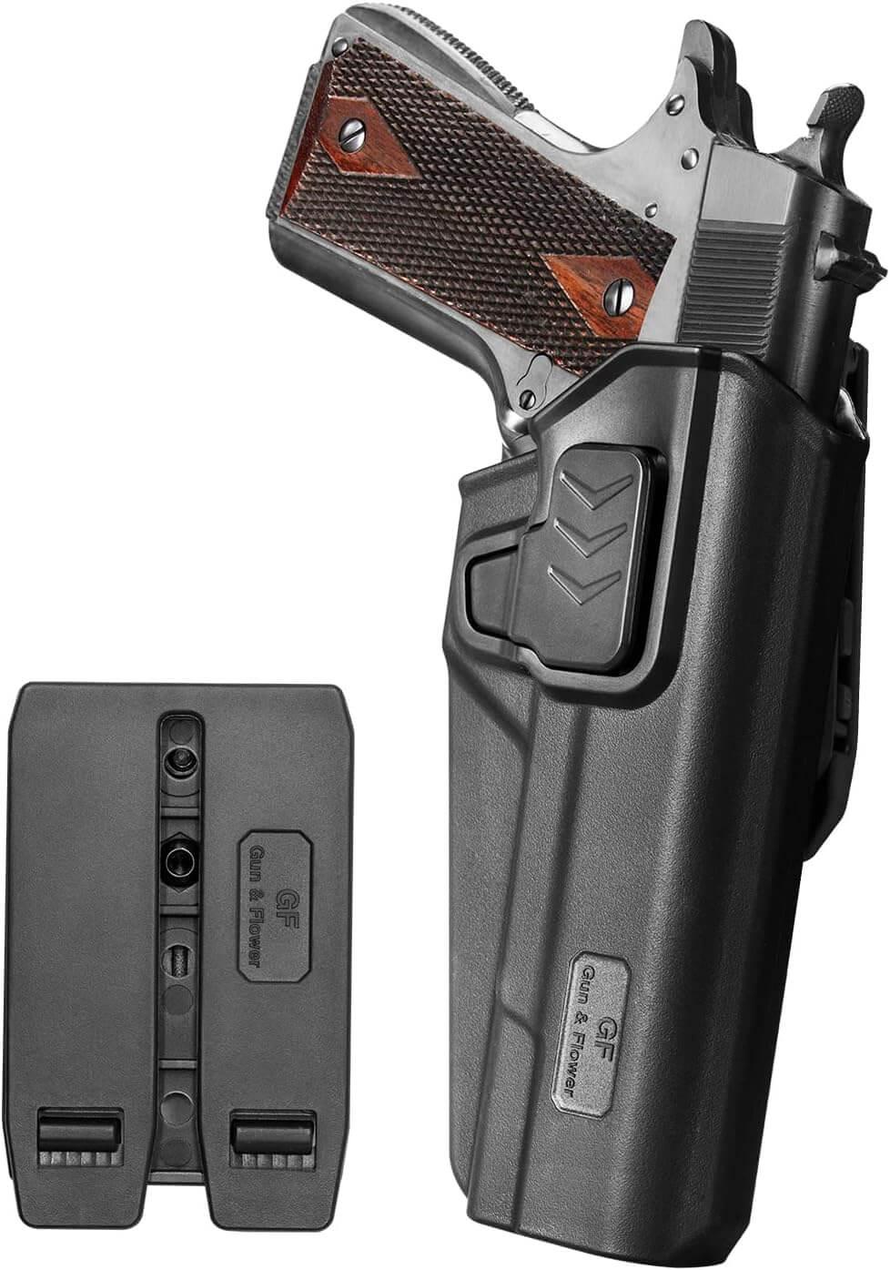 1911 Polymer OWB Paddle Holster, Index Finger Release, fit Colt/Elite Force/Kimber/ Springfield/RIA/S&W/Ruger/Taurus 1911, Right Hand| Gun & Flower Gun & Flower