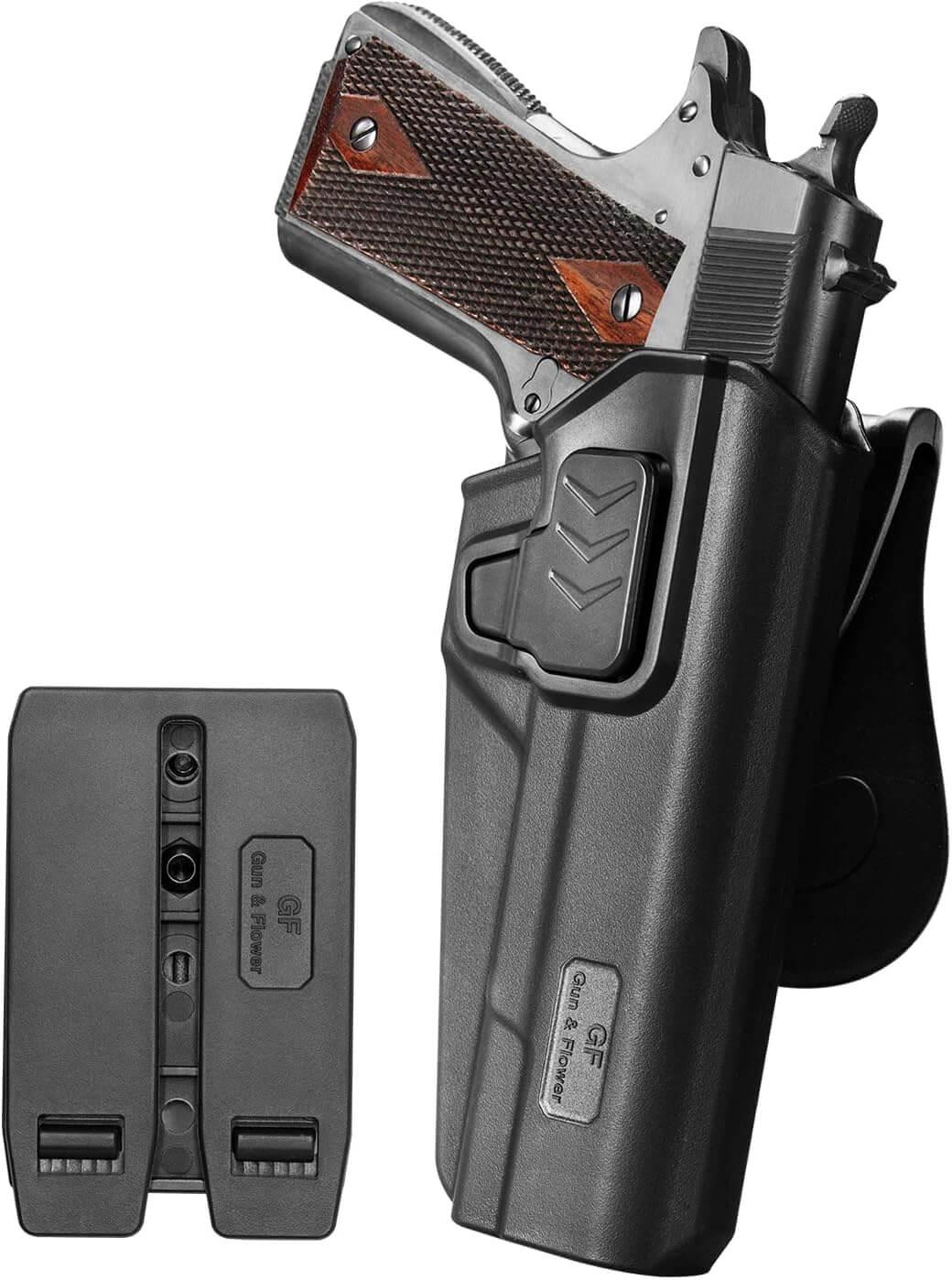 1911 Polymer OWB Paddle Holster, Index Finger Release, fit Colt/Elite Force/Kimber/ Springfield/RIA/S&W/Ruger/Taurus 1911, Right Hand| Gun & Flower Gun & Flower