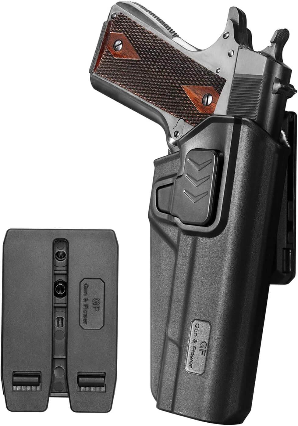 1911 Polymer OWB Paddle Holster, Index Finger Release, fit Colt/Elite Force/Kimber/ Springfield/RIA/S&W/Ruger/Taurus 1911, Right Hand| Gun & Flower Gun & Flower