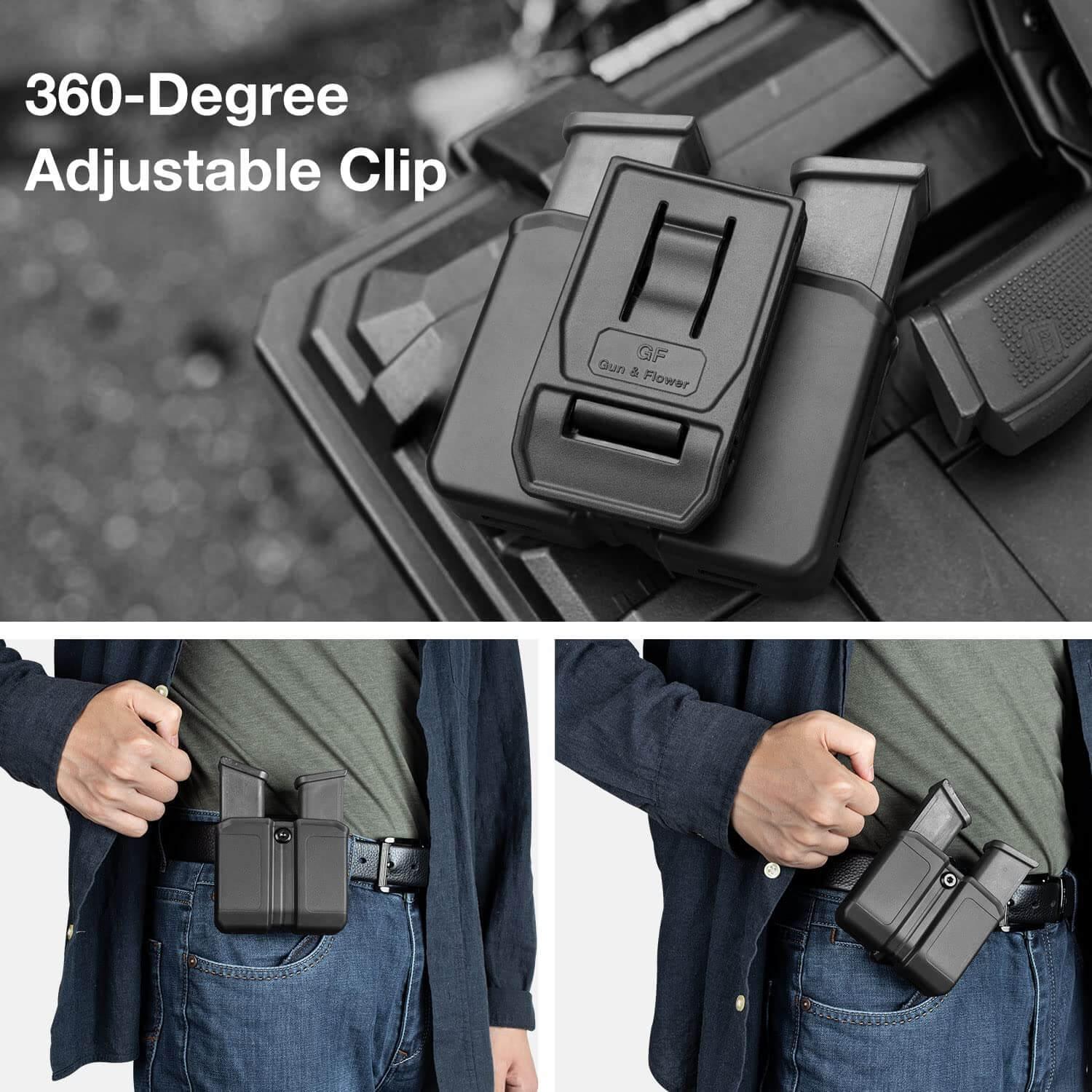 Universal OWB Double Magazine Holder,Fits Double Stack 9mm .40 /10mm .45 Magazine, Fit 1.5 1.75 2.0 2.25'' Belt,MOLLE Optional Gun & Flower