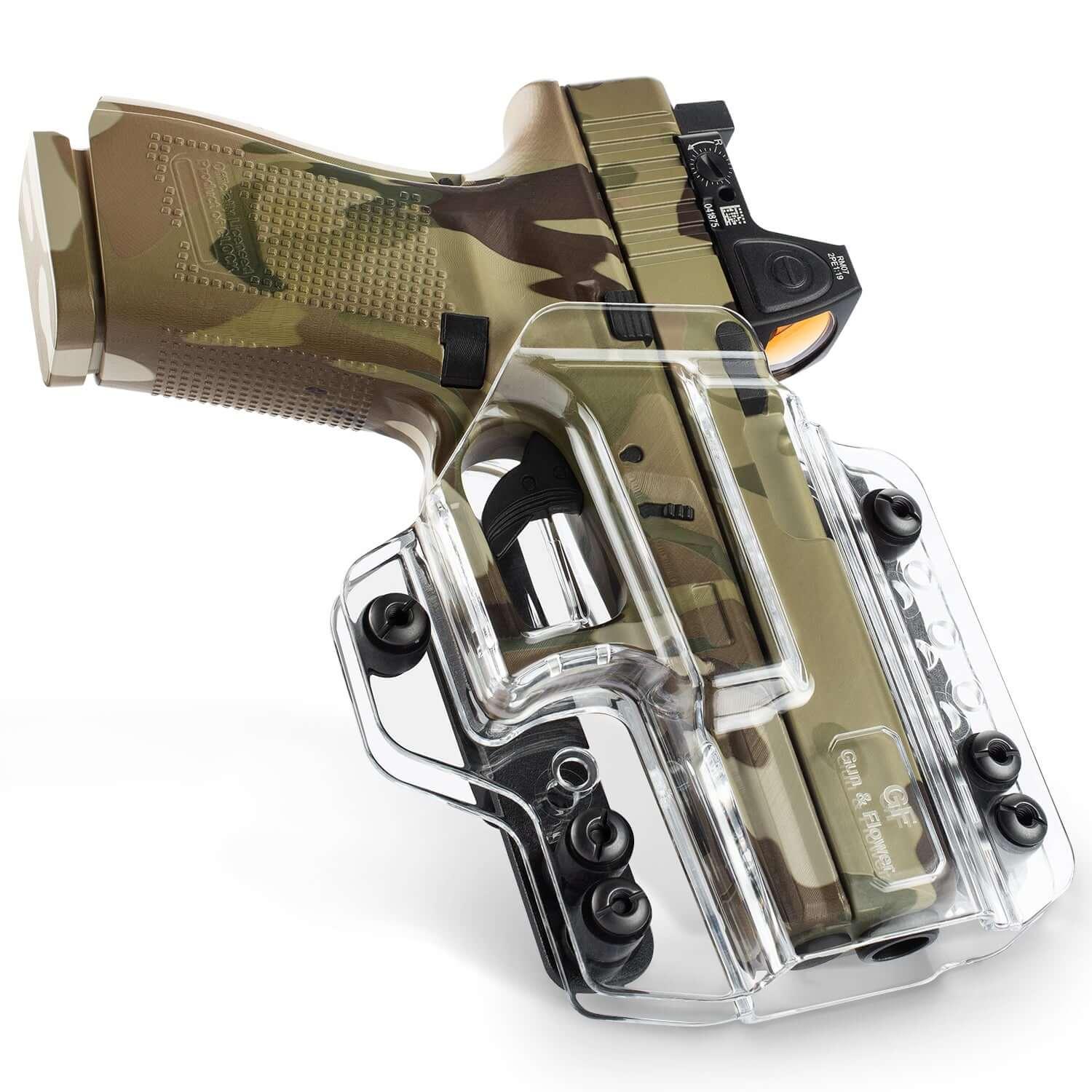 Glock G17 Gen3-5 G17 Gen4 MOS G17 Gen5 MOS G19 Gen3-5 G19X G19 Gen4 MOS G19 Gen5 MOS G23 Gen3-4 G26 Gen5 MOS G32 Gen3-4 G34 Gen3-5 G34 Gen5 MOS G44 G45 G45 MOS Clear IWB & OWB Convertable Polymer Holster , Right Hand | Gun & Flower Gun & Flower