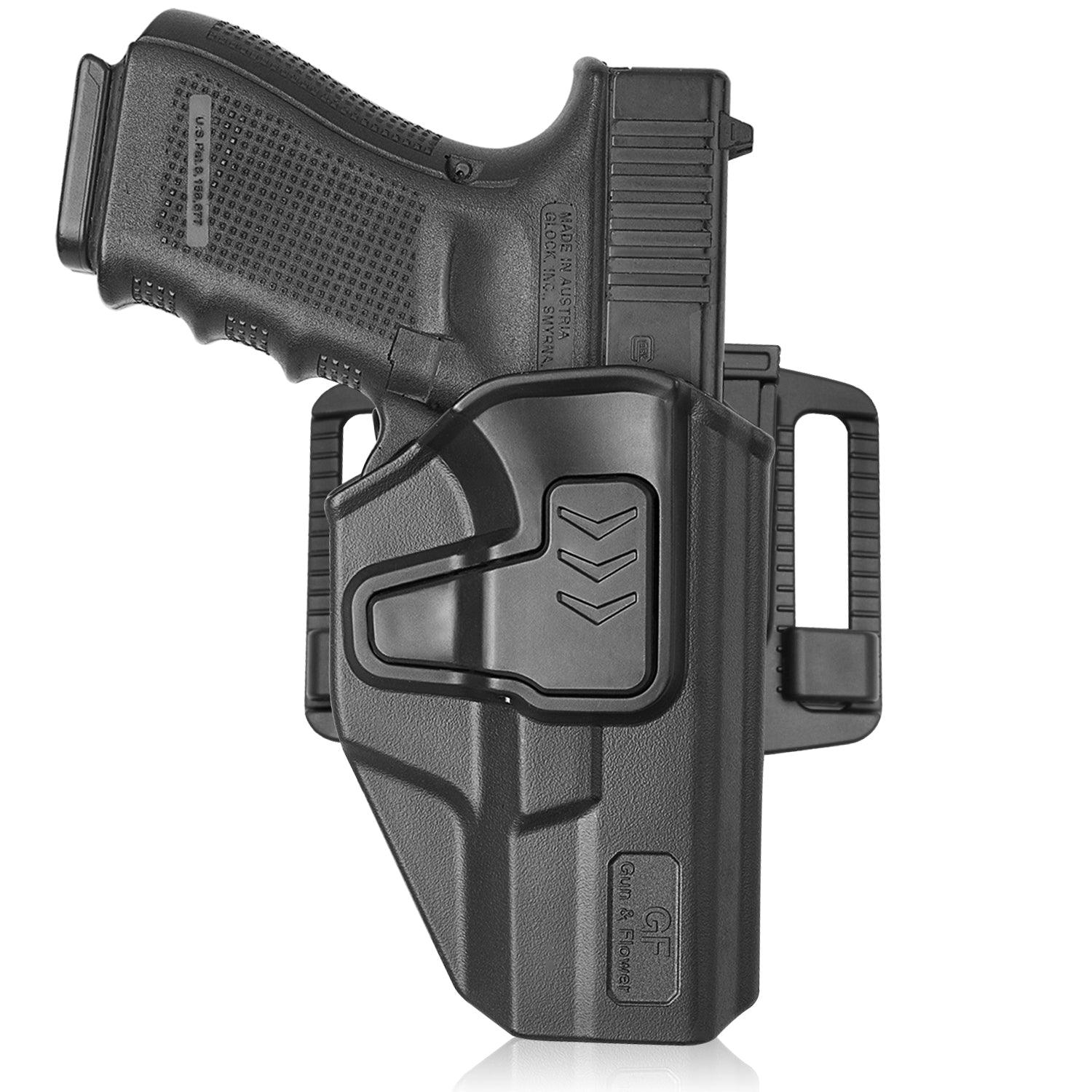 Level II Retention OWB Index Finger Release Holster for Glock 19 19X 23 32 44 45 (Gen 3-5) with 360 Degrees Adjustable Belt Clip Gun & Flower
