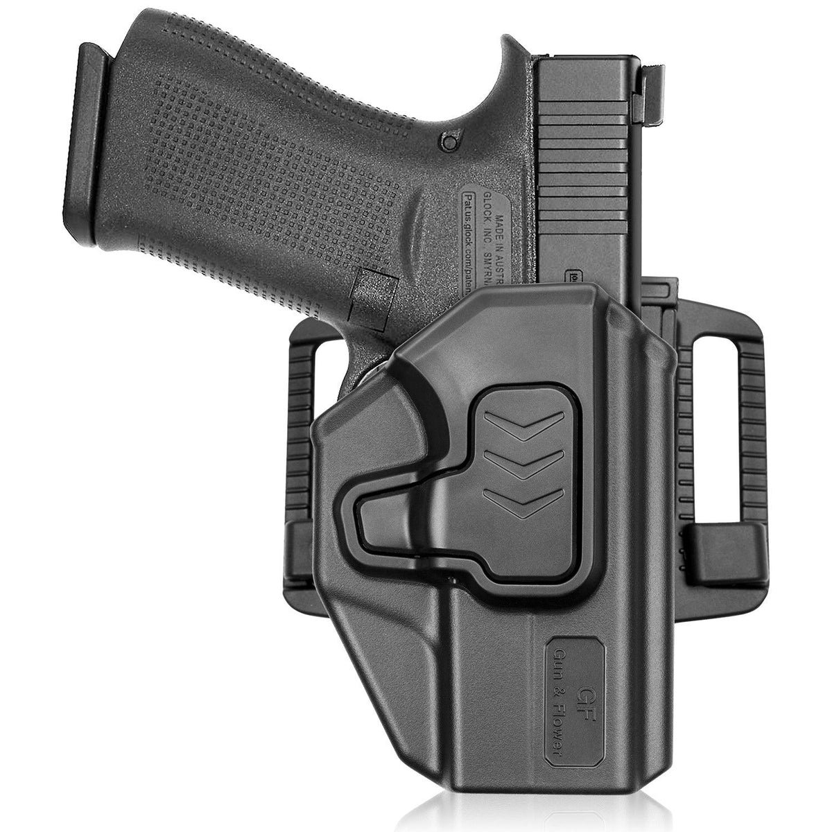 Polymer OWB Holster for Glock 43 43x with 360 Degrees Adjustable Belt Clip Level II Retention OWB Index Finger Release Trigger Guard Holsters  Right Hand Gun & Flower