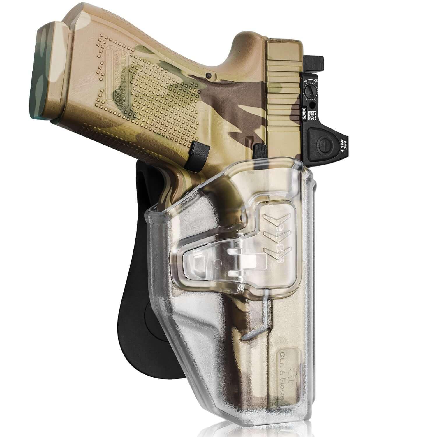 Frosted Clear Level II Retention OWB Paddle Holster for Glock 19 19X 32 45(Gen 3 4 5)丨Glock 23(Gen 3 4) Optics Ready,Right Hand | Gun & Flower Gun & Flower