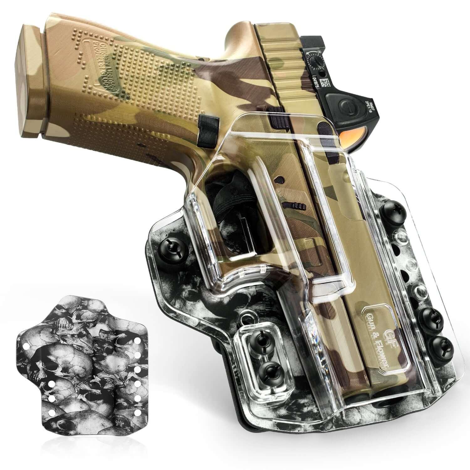 IWB&OWB Convertible Clear Holster with Cool Skull Printing for  Glock 17/19/22/23/31/32/45 Gun & Flower