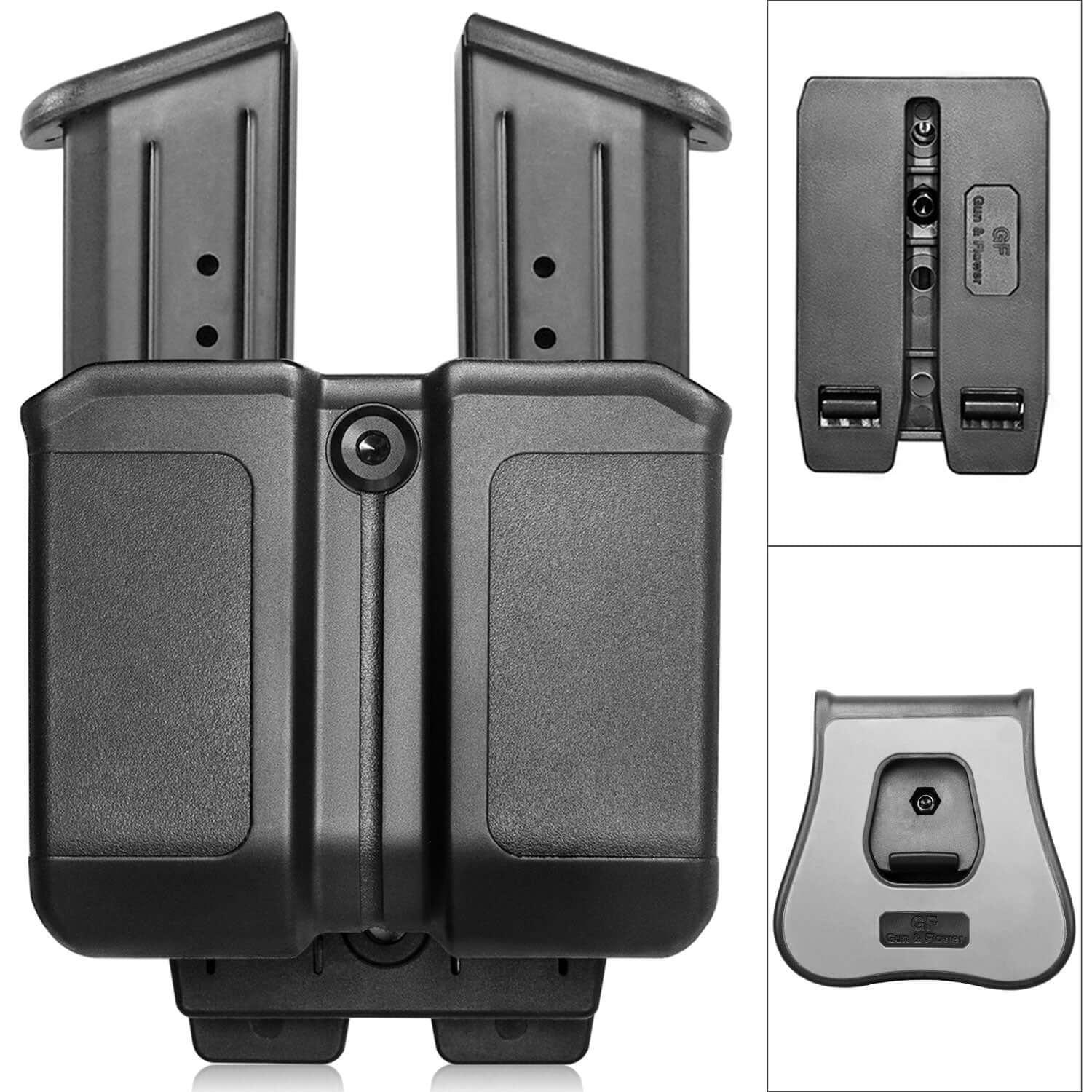 Universal Double Stack Mag Pouch Holster for 9mm/.40 with Paddle & Molle Adapter Gun & Flower