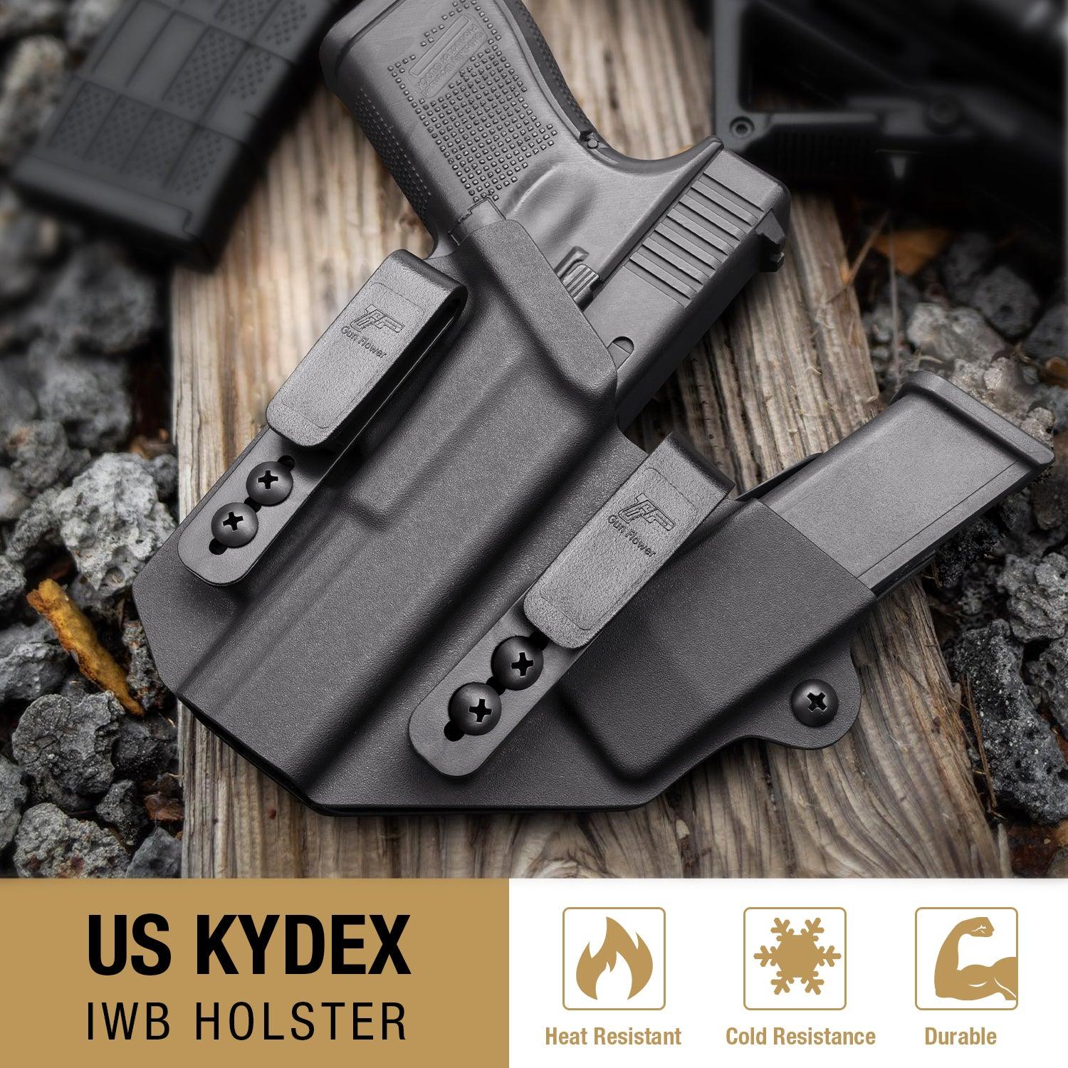 Sidecar Kydex Gun Holster Magazine Pouch for Glock 17 Gen3-5 G17 Gen4 MOS G17 Gen5 MOS G19 Gen3-5 G19 Gen4 MOS G19 Gen5 MOS G21 gen5 Glock 26 Gen3-5 G34 G19X G34 Gen5 G44 G45 MOS 9mm | Gun & Flower Gun & Flower