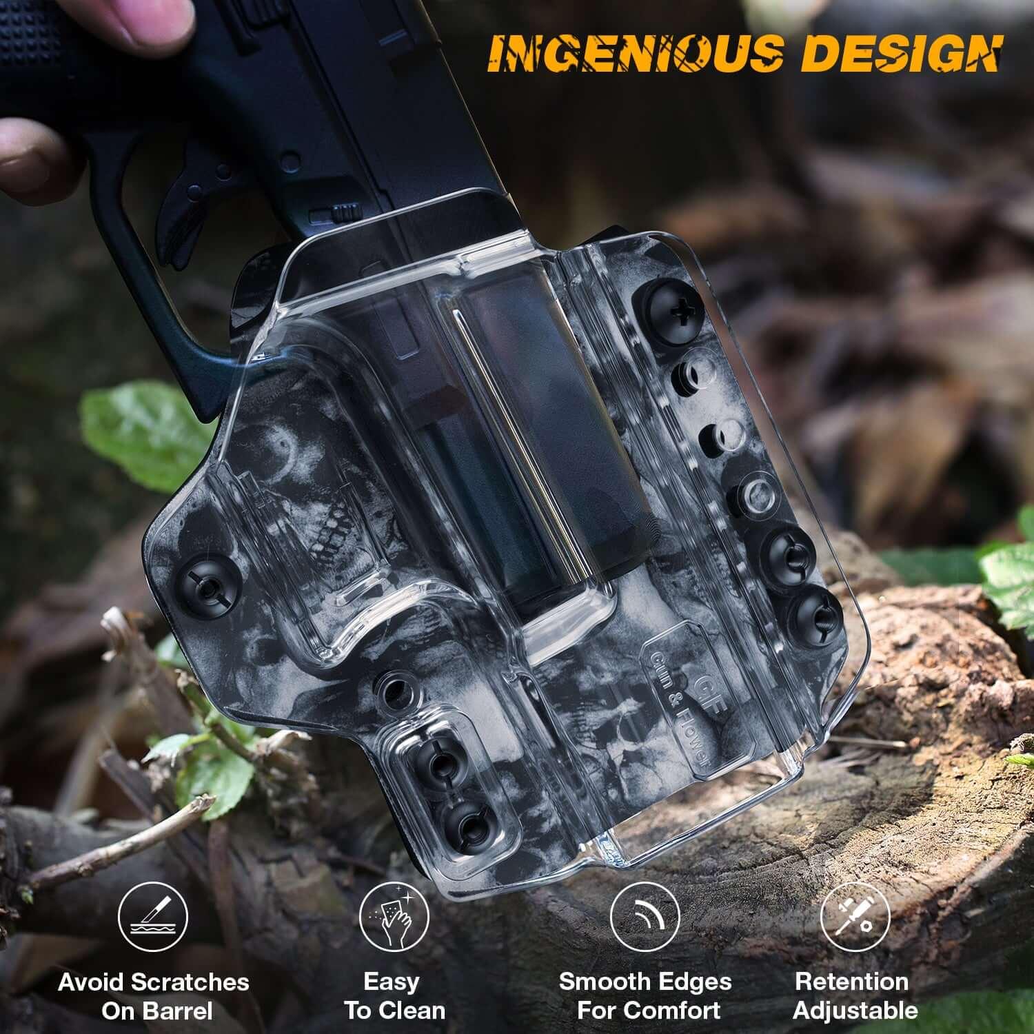 IWB&OWB Convertible Clear Holster with Cool Skull Printing for  Glock 17/19/22/23/31/32/45 Gun & Flower