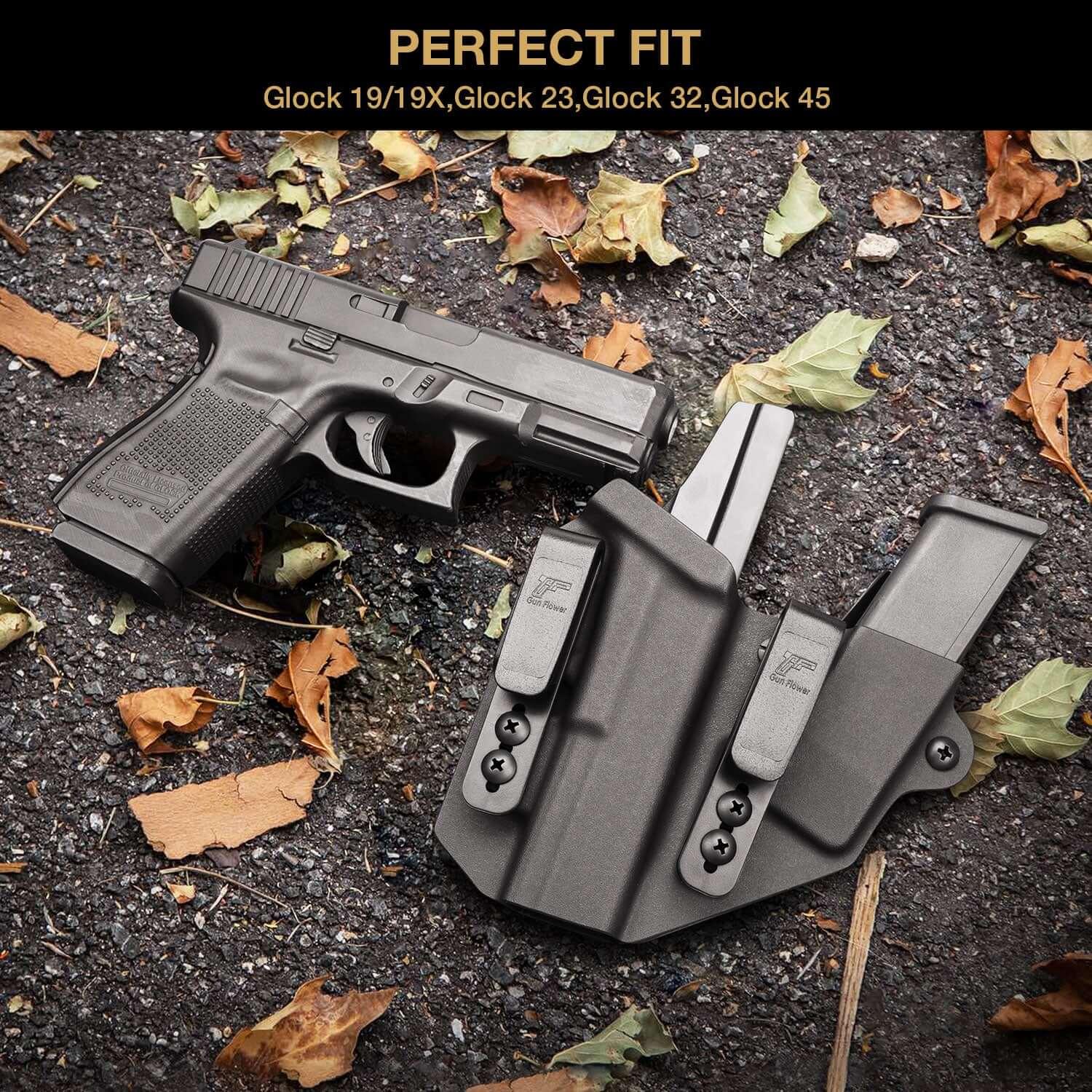 Sidecar Kydex Gun Holster Magazine Pouch for Glock 17 Gen3-5 G17 Gen4 MOS G17 Gen5 MOS G19 Gen3-5 G19 Gen4 MOS G19 Gen5 MOS G21 gen5 Glock 26 Gen3-5 G34 G19X G34 Gen5 G44 G45 MOS 9mm | Gun & Flower Gun & Flower