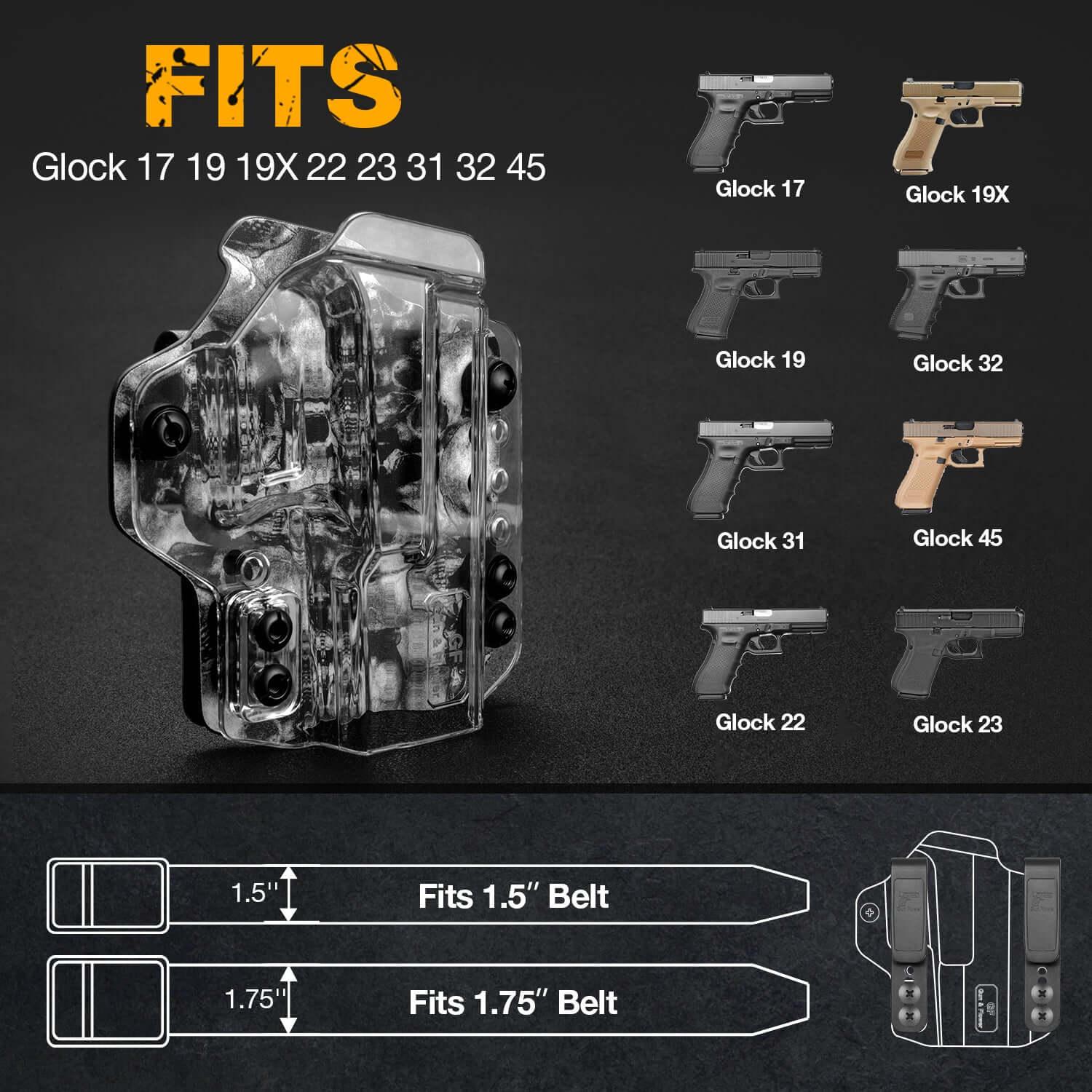 IWB&OWB Convertible Clear Holster with Cool Skull Printing for  Glock 17/19/22/23/31/32/45 Gun & Flower