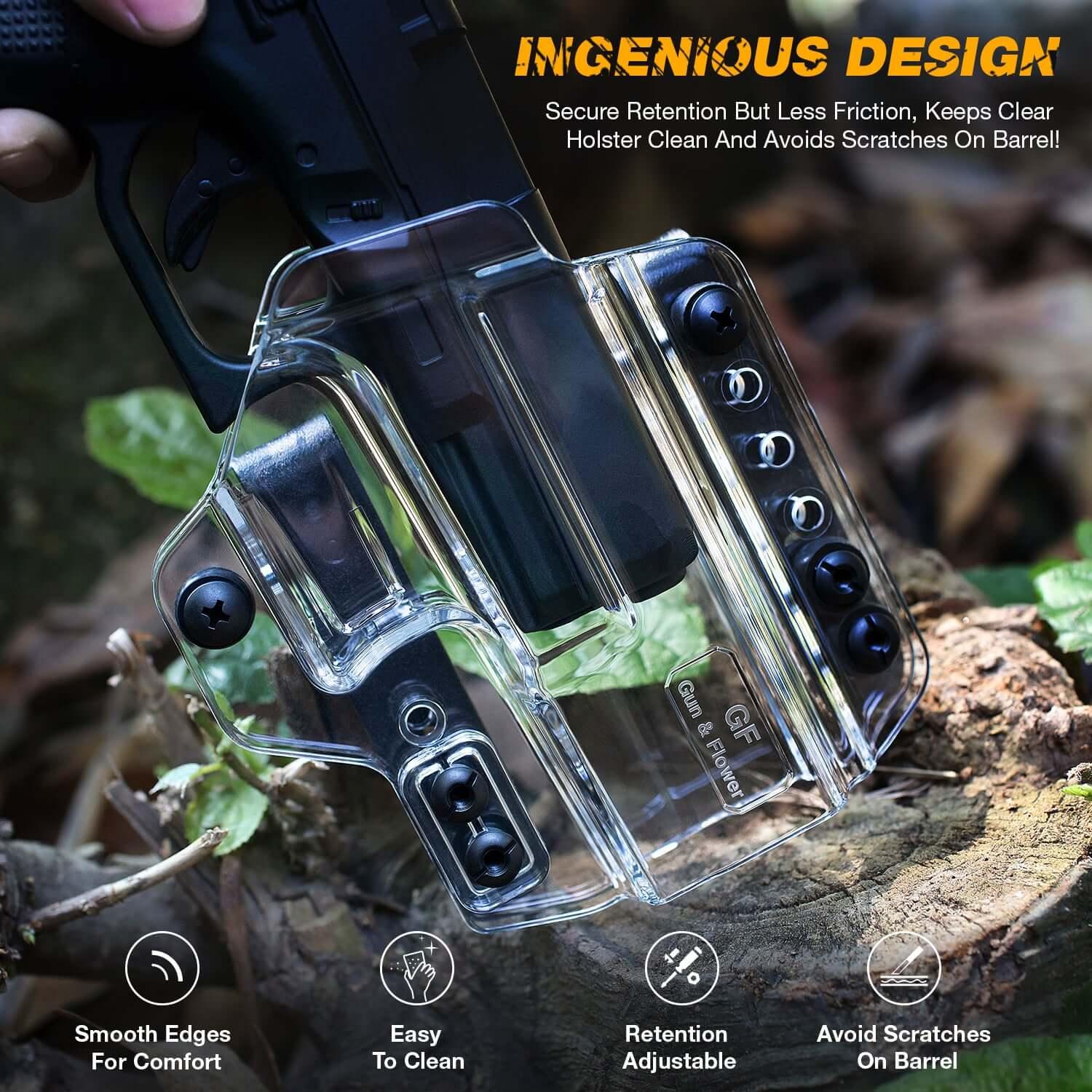 Glock G17 Gen3-5 G17 Gen4 MOS G17 Gen5 MOS G19 Gen3-5 G19X G19 Gen4 MOS G19 Gen5 MOS G23 Gen3-4 G26 Gen5 MOS G32 Gen3-4 G34 Gen3-5 G34 Gen5 MOS G44 G45 G45 MOS Clear IWB & OWB Convertable Polymer Holster , Right Hand | Gun & Flower Gun & Flower