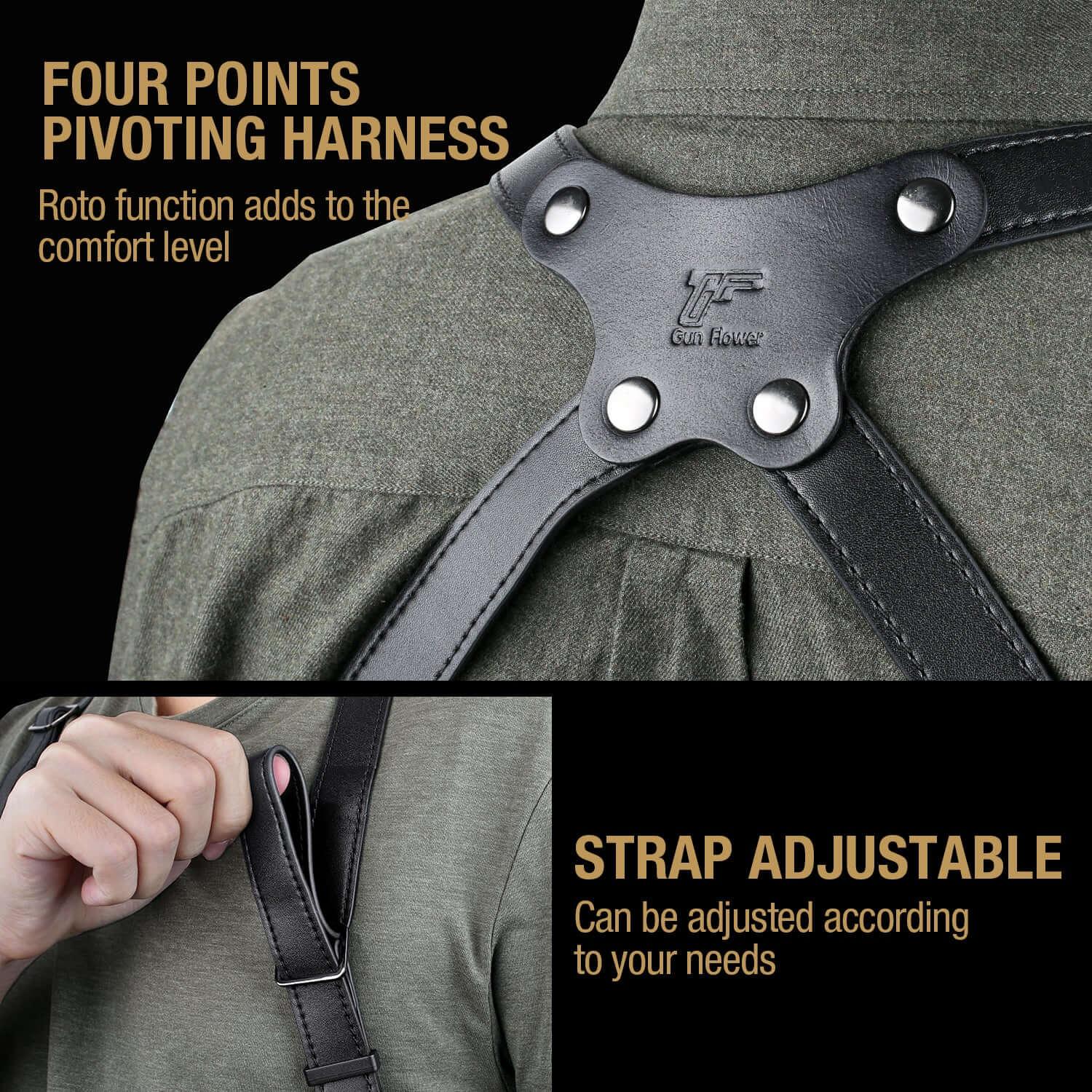 Handmade Full Grain Leather Strap with US Kydex Hybrid Shoulder Holster for Glock G17 Gen3-5 G19 Gen3-5 G19X G22 Gen5 G23 Gen3-5 G26 Gen3-5 G32 Gen3-4 G34 Gen3-5 G44 G45 & 9mm/.40 Double-Stack Mag Gun & Flower