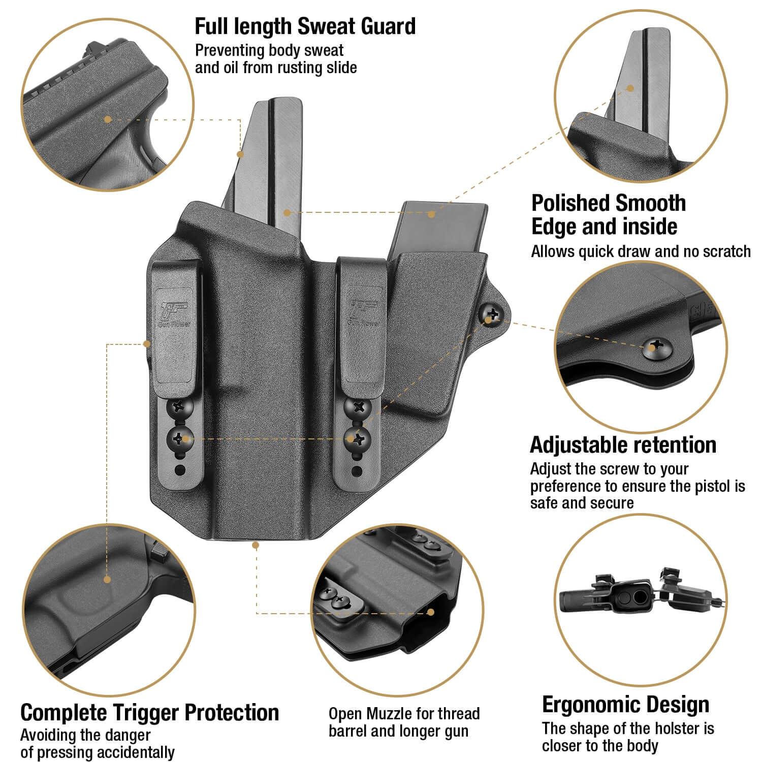 Sidecar Kydex Gun Holster Magazine Pouch for Glock 17 Gen3-5 G17 Gen4 MOS G17 Gen5 MOS G19 Gen3-5 G19 Gen4 MOS G19 Gen5 MOS G21 gen5 Glock 26 Gen3-5 G34 G19X G34 Gen5 G44 G45 MOS 9mm | Gun & Flower Gun & Flower