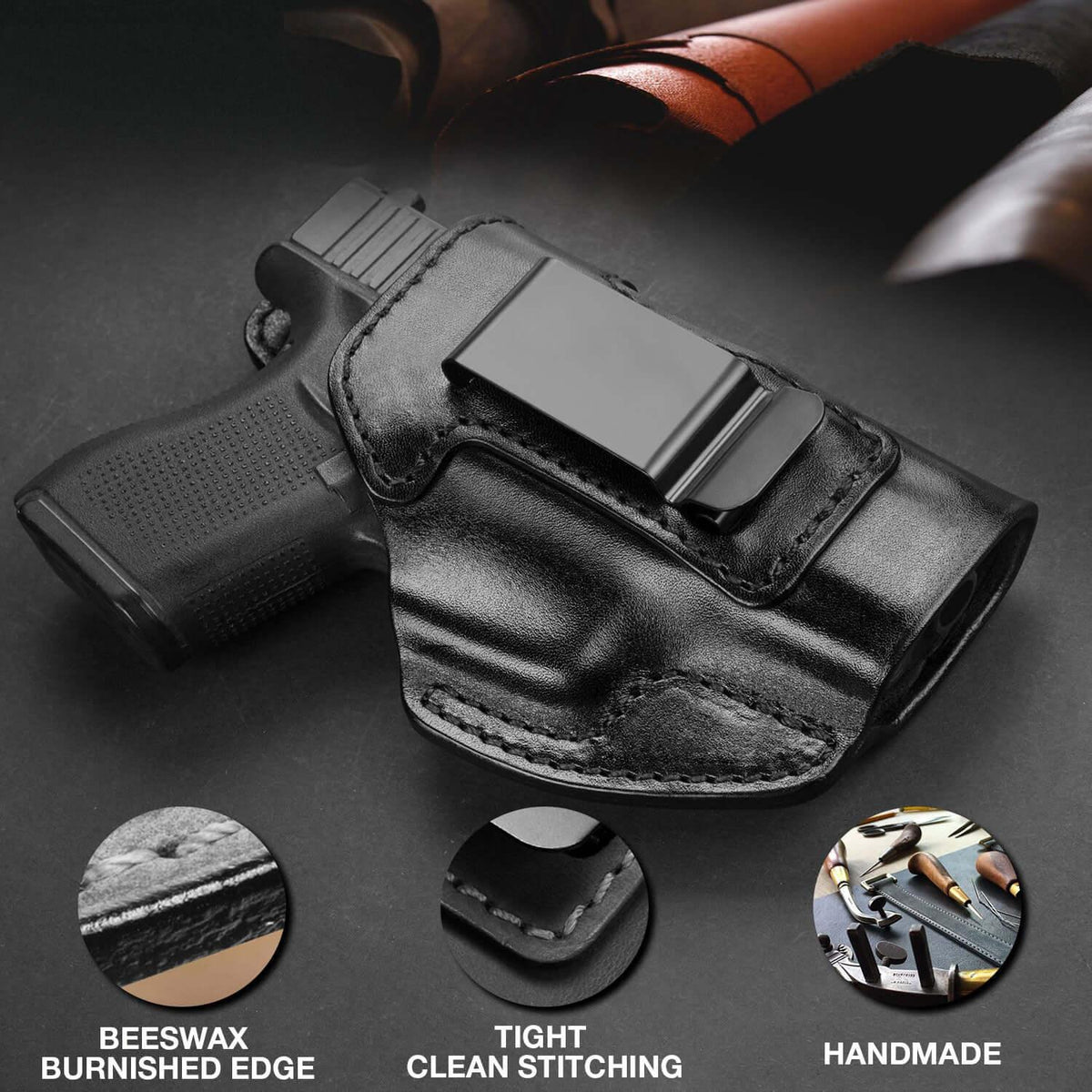 Glock 43 43X Black Soft Genuine Leather Handmade Holster IWB Appendix Crossdraw hip Trigger Guard Open Muzzle | Gun & Flower Gun & Flower