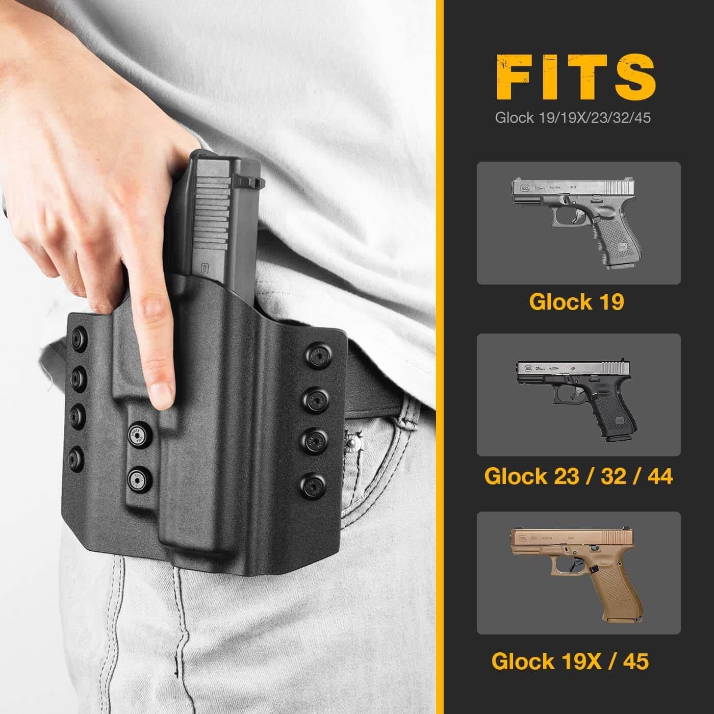 OWB Kydex Holster for Glock G19 Gen3-5 G19X G19 Gen4 MOS G19 Gen5 MOS G23 Gen3-4 G26 Gen3-5 G26 Gen5 MOS G32 Gen3-4 G44 G45 G45 MOS Adjustable Retention - Right Hand | Gun & Flower Gun & Flower