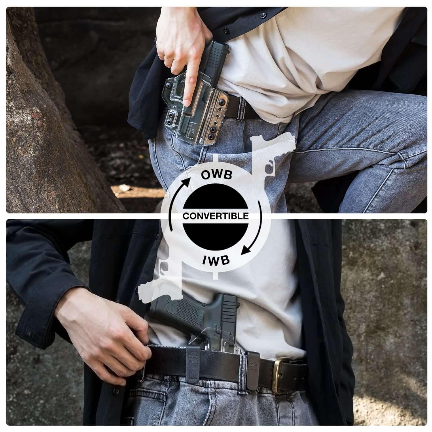 Glock G17 Gen3-5 G17 Gen4 MOS G17 Gen5 MOS G19 Gen3-5 G19X G19 Gen4 MOS G19 Gen5 MOS G23 Gen3-4 G26 Gen5 MOS G32 Gen3-4 G34 Gen3-5 G34 Gen5 MOS G44 G45 G45 MOS Clear IWB & OWB Convertable Polymer Holster , Right Hand | Gun & Flower Gun & Flower