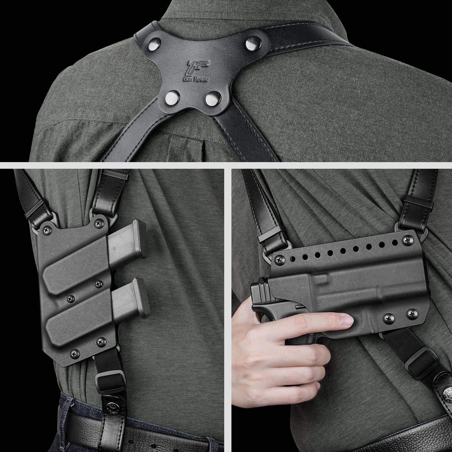Handmade Full Grain Leather Strap with US Kydex Hybrid Shoulder Holster for Glock G17 Gen3-5 G19 Gen3-5 G19X G22 Gen5 G23 Gen3-5 G26 Gen3-5 G32 Gen3-4 G34 Gen3-5 G44 G45 & 9mm/.40 Double-Stack Mag Gun & Flower