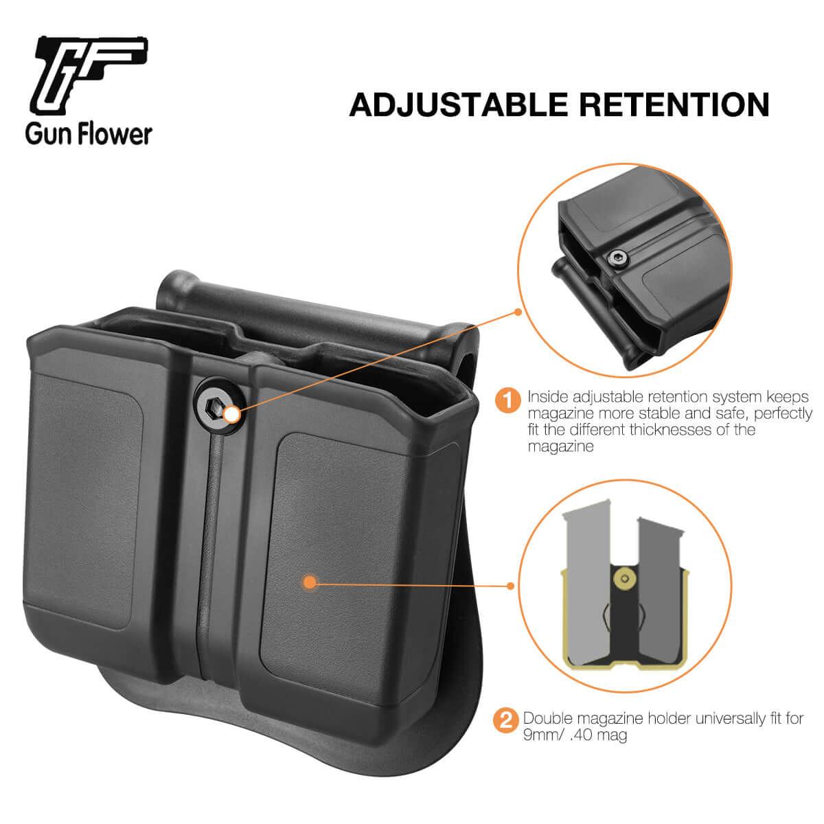 Universal Double Stack Mag Pouch Holster for 9mm/.40 with Paddle & Molle Adapter Gun & Flower