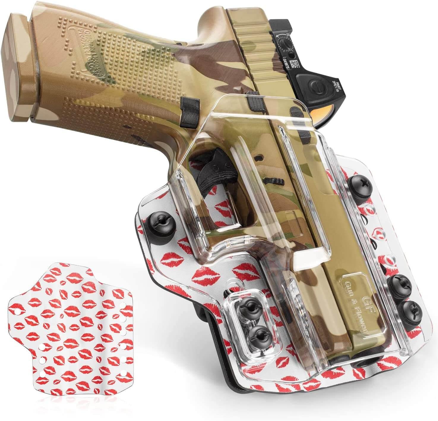IWB&OWB Convertible Clear Holster with Lips Printing for Glock 17/19/22/23/31/32/45 Cool holstres for Women Gun & Flower