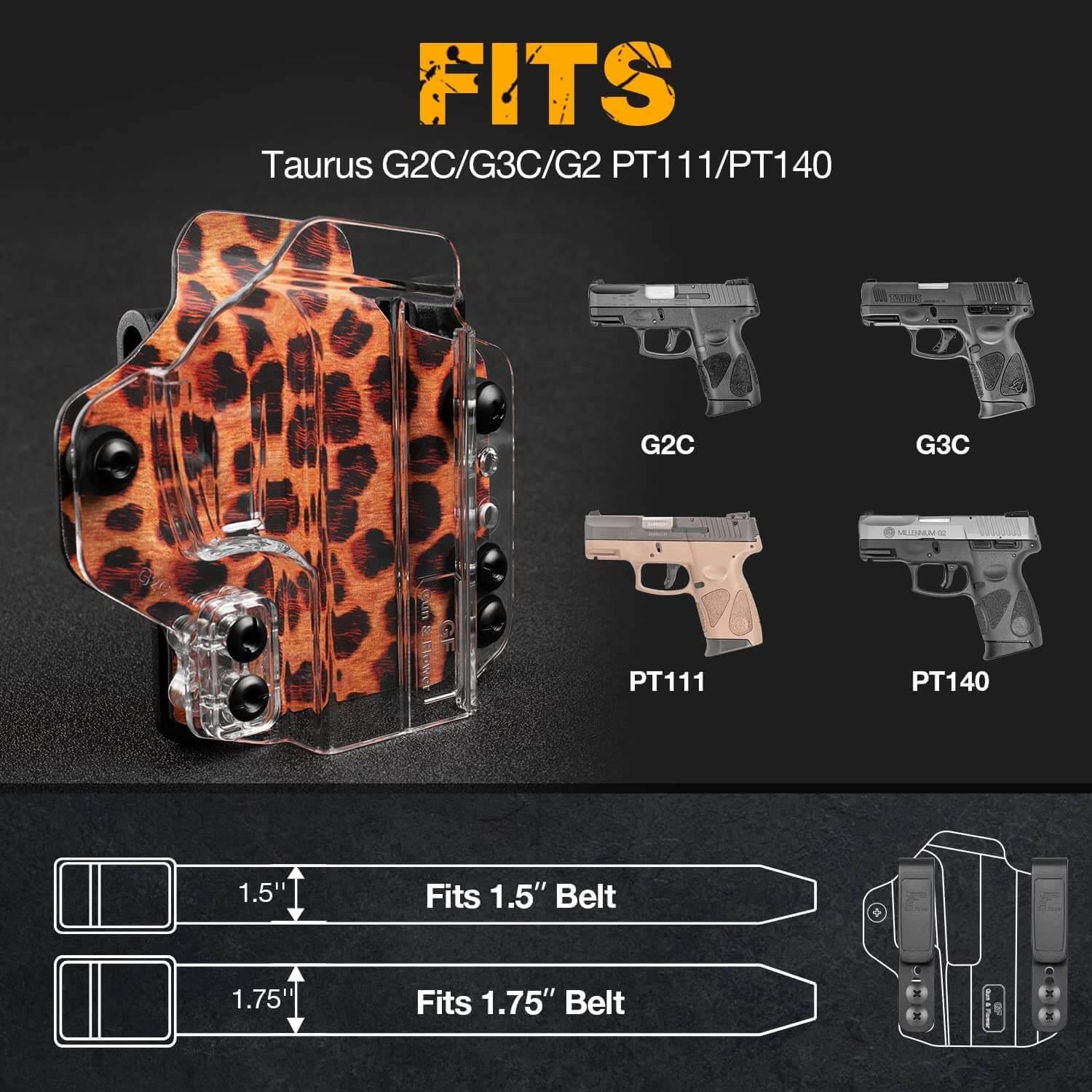 IWB&OWB Convertible Clear Polymer Holster Leopard Printing for Taurus G3C/G2C/Millennium G2 PT111/PT140 Holster for Women Gun & Flower