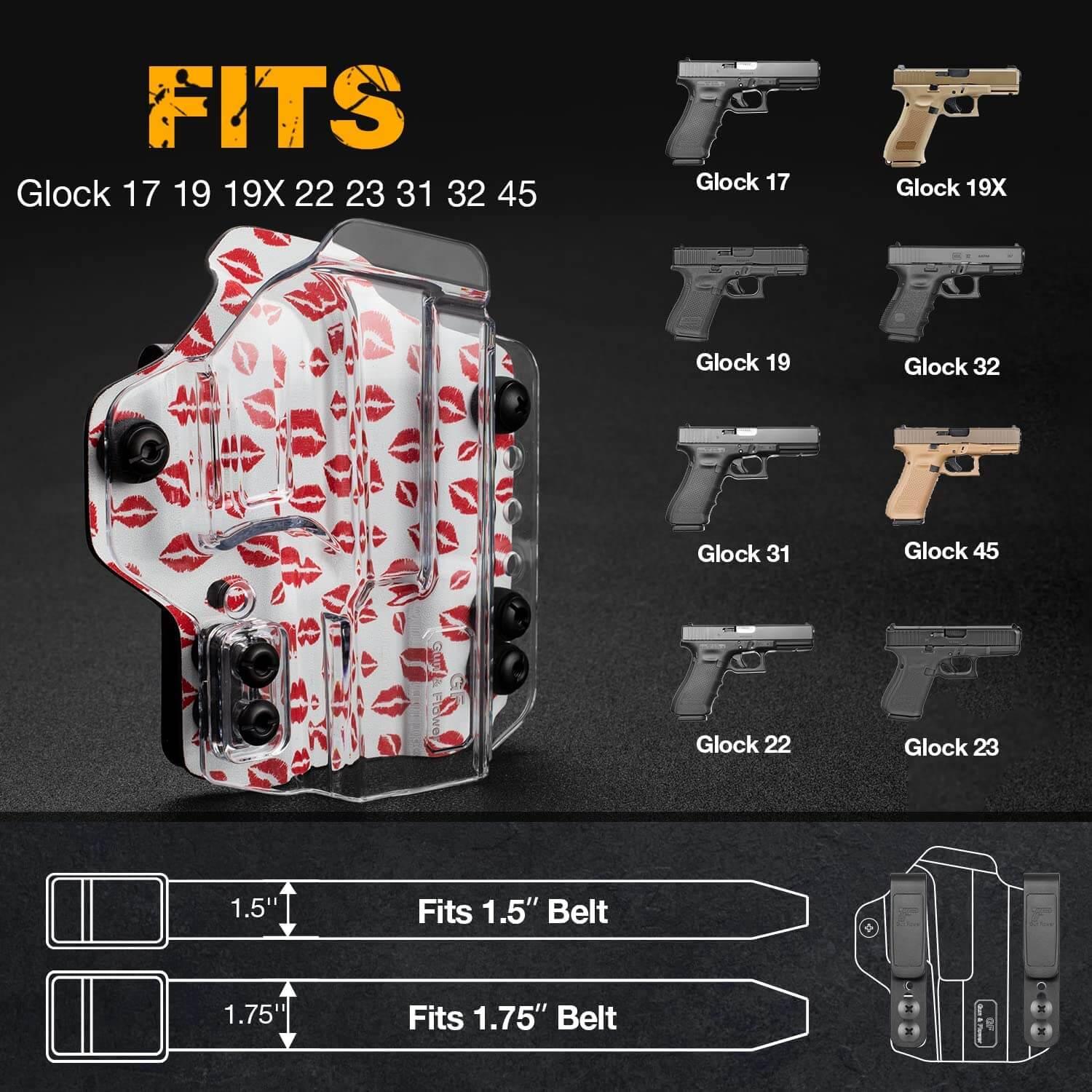 IWB&OWB Convertible Clear Holster with Lips Printing for Glock 17/19/22/23/31/32/45 Cool holstres for Women Gun & Flower